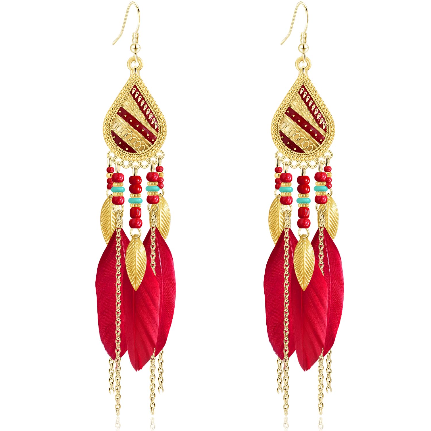 Bohemian National Style 14K Gold Teardrop Feather Fringe Lightweight Dangle Drop Earrings Retro Tassel Beaded Hook Earrings For Women Jewelry Gifts