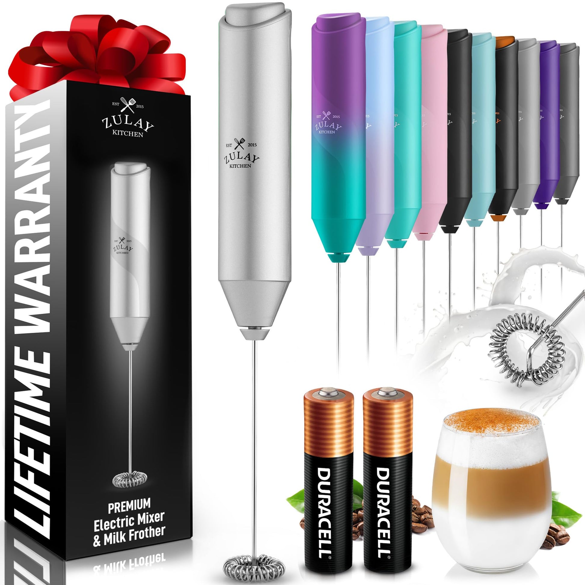 Zulay Kitchen Powerful Milk Frother Wand - Handheld Stainless Steel - Battery Operated Drink Mixer for Coffee, Lattes, Cappuccino, Matcha - Froth Mate Frother Gift - Black