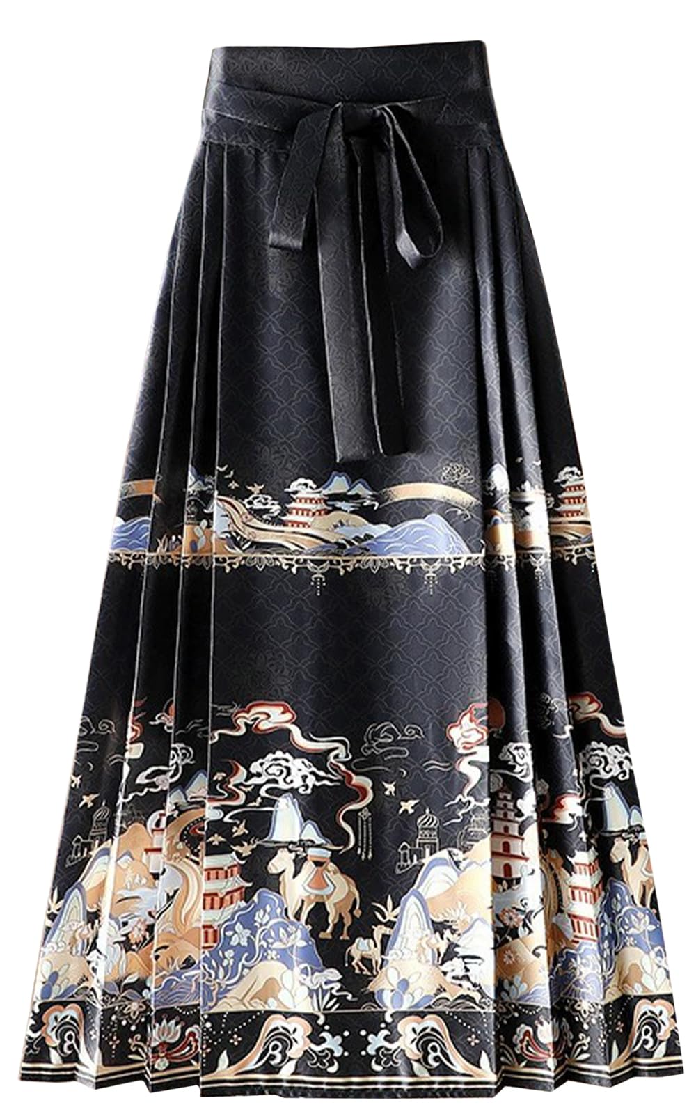 Women Horse Face Skirt Seft Tie Print Elegant Vintage Long Swing Maxi Pleated Skirts Chinese Traditional Hanfu Mamianqun
