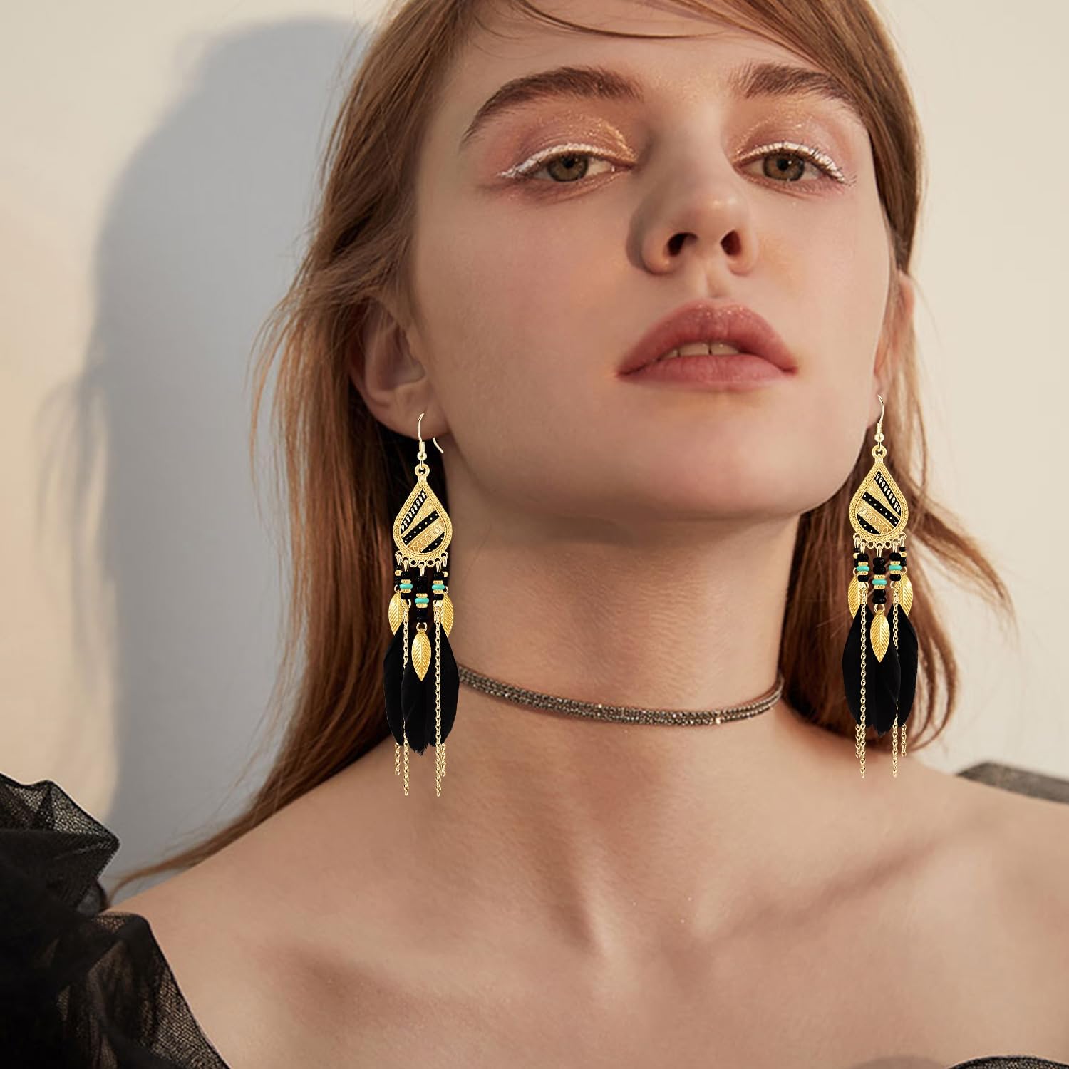 Bohemian National Style 14K Gold Teardrop Feather Fringe Lightweight Dangle Drop Earrings Retro Tassel Beaded Hook Earrings For Women Jewelry Gifts