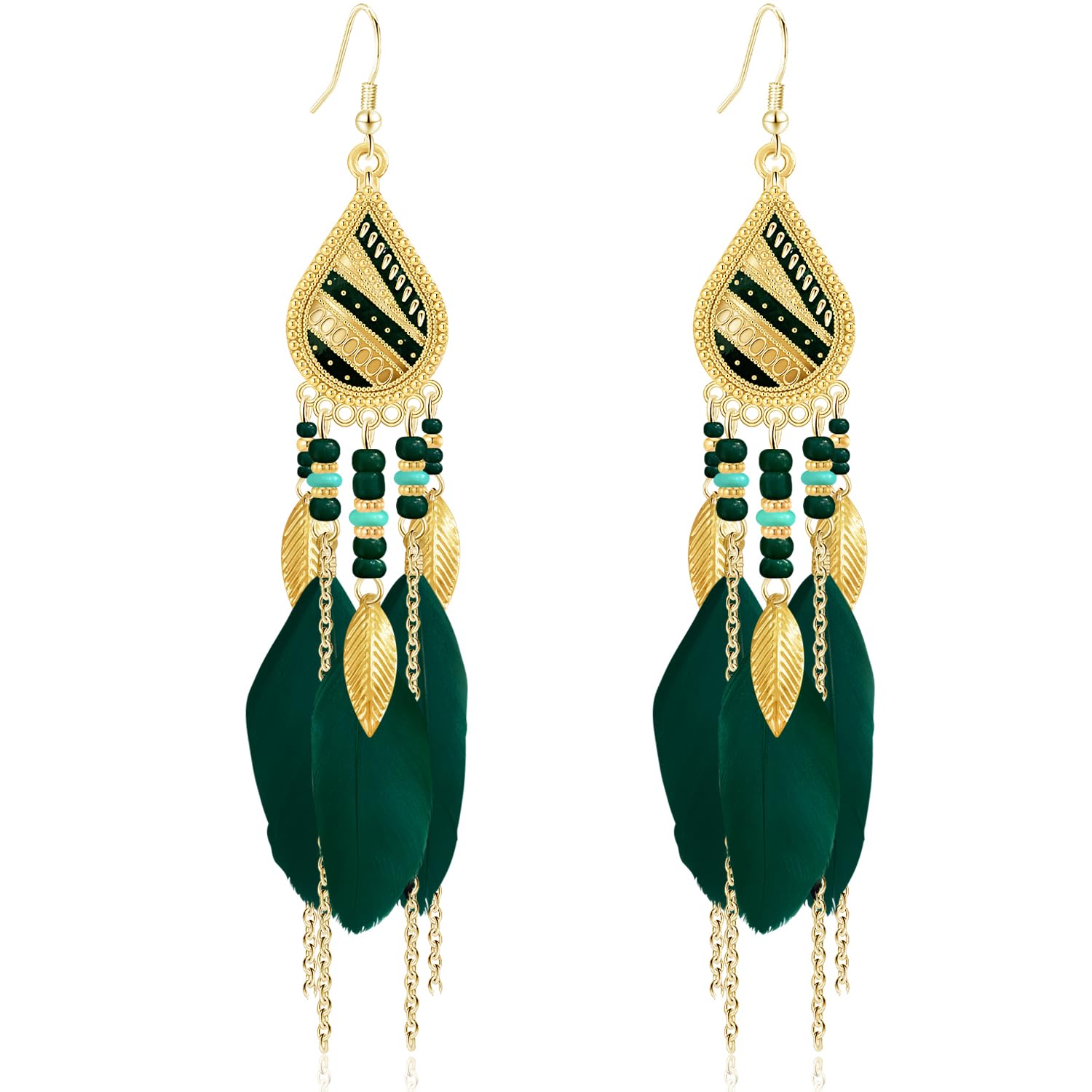 Bohemian National Style 14K Gold Teardrop Feather Fringe Lightweight Dangle Drop Earrings Retro Tassel Beaded Hook Earrings For Women Jewelry Gifts