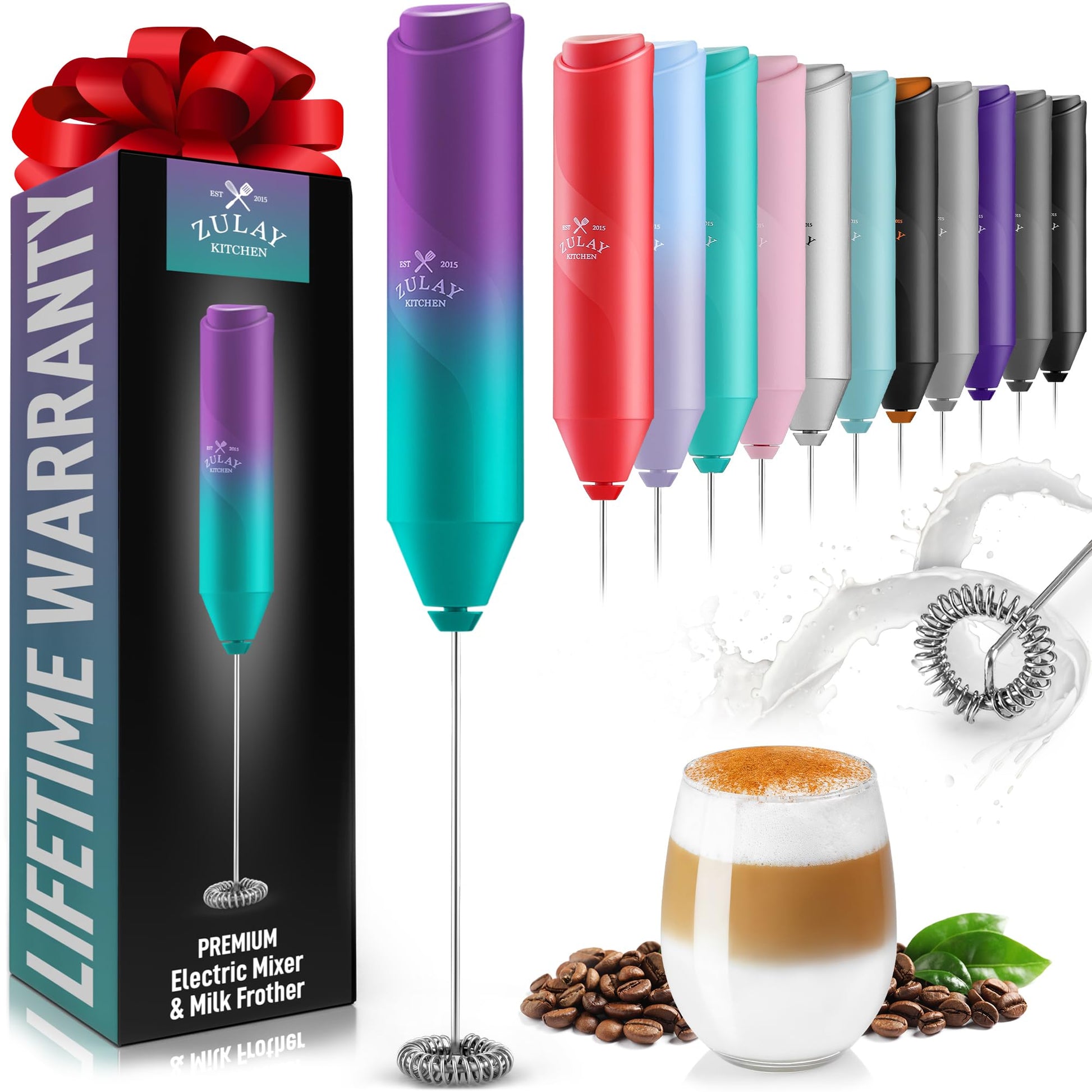 Zulay Kitchen Powerful Milk Frother Wand - Handheld Stainless Steel - Battery Operated Drink Mixer for Coffee, Lattes, Cappuccino, Matcha - Froth Mate Frother Gift - Black