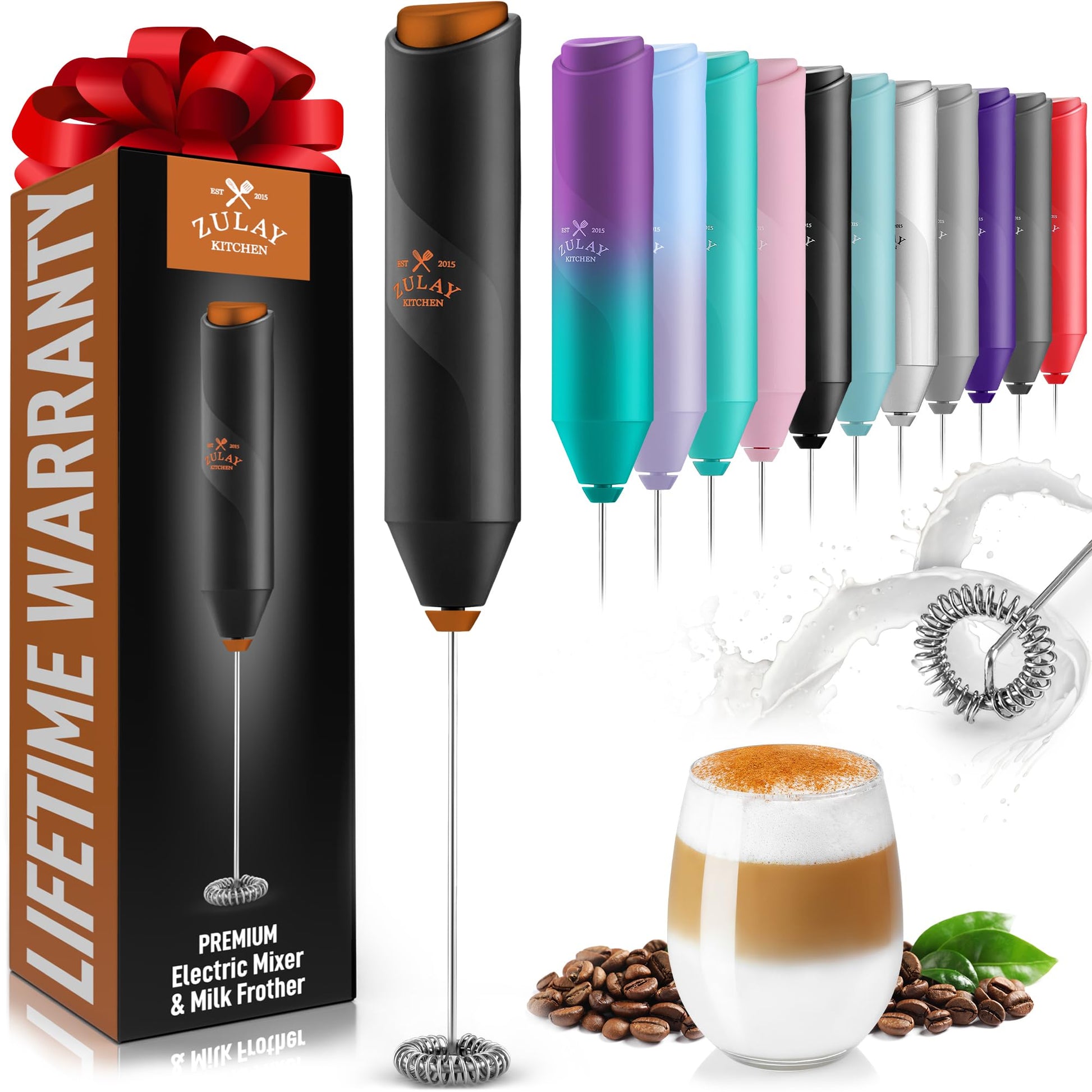 Zulay Kitchen Powerful Milk Frother Wand - Handheld Stainless Steel - Battery Operated Drink Mixer for Coffee, Lattes, Cappuccino, Matcha - Froth Mate Frother Gift - Black
