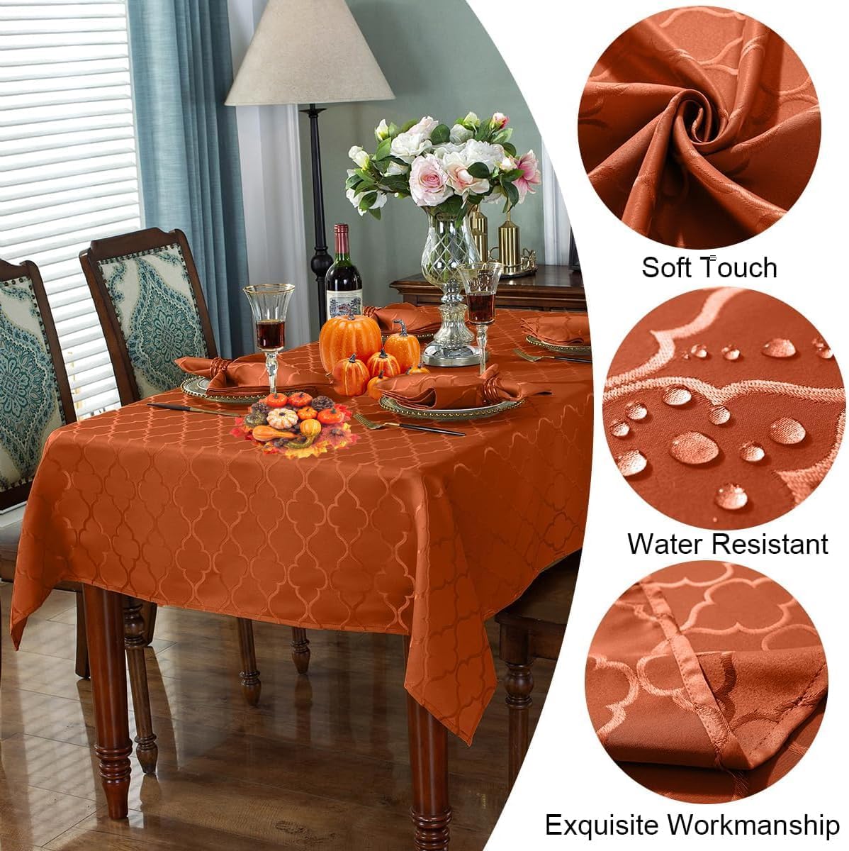 SASTYBALE Rust Jacquard Damask Tablecloth - 52x52 Inch Square (Fits 2-4 Seats) - Fall Thanksgiving Decor - Water Resistant, Wrinkle-Free Polyester Fabric, Rustic Harvest Dining Cover for Parties