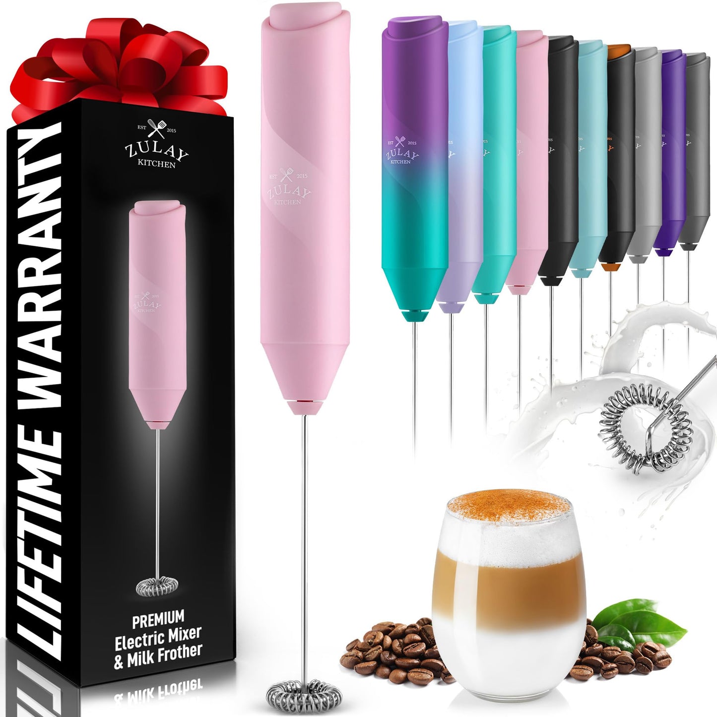 Zulay Kitchen Powerful Milk Frother Wand - Handheld Stainless Steel - Battery Operated Drink Mixer for Coffee, Lattes, Cappuccino, Matcha - Froth Mate Frother Gift - Black