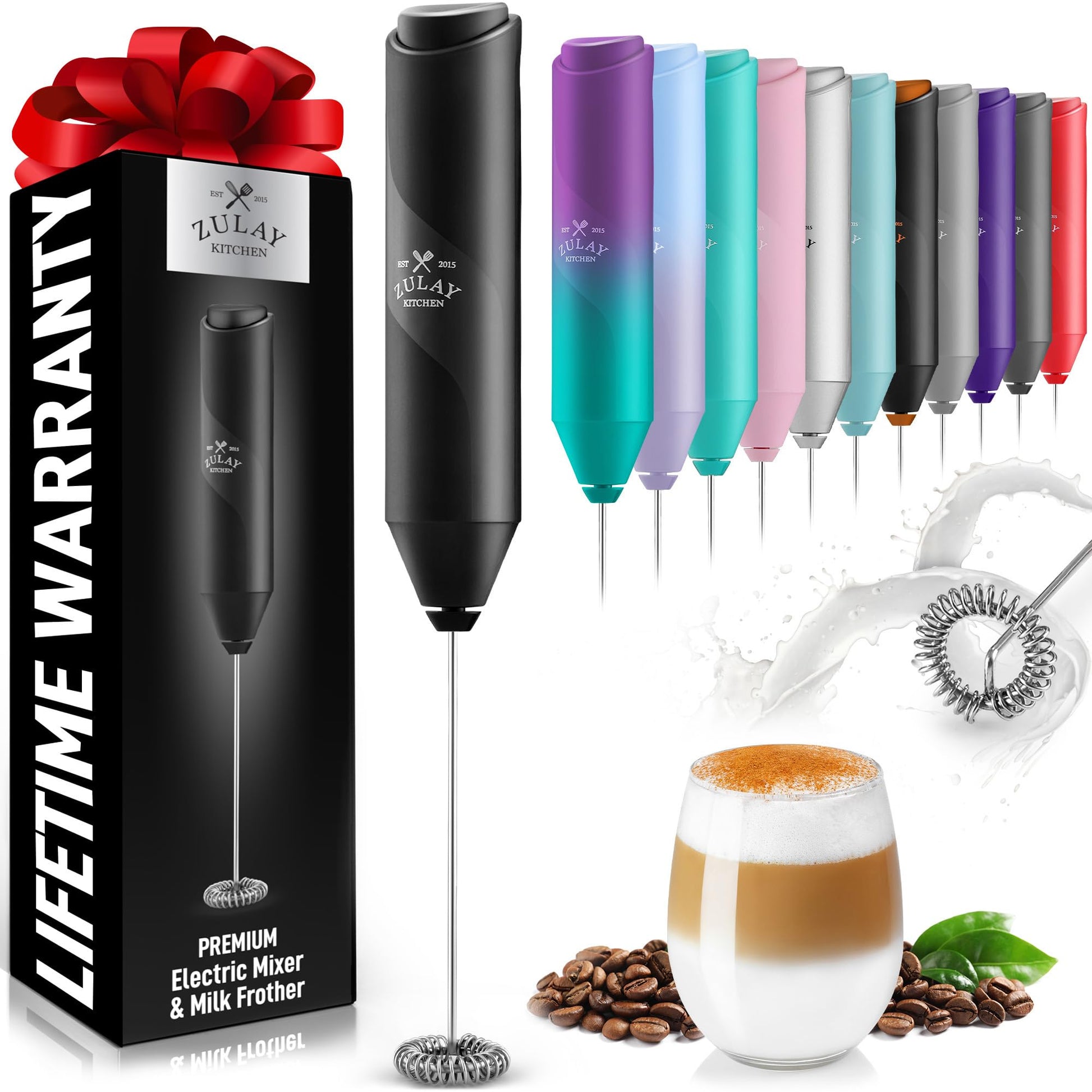 Zulay Kitchen Powerful Milk Frother Wand - Handheld Stainless Steel - Battery Operated Drink Mixer for Coffee, Lattes, Cappuccino, Matcha - Froth Mate Frother Gift - Black
