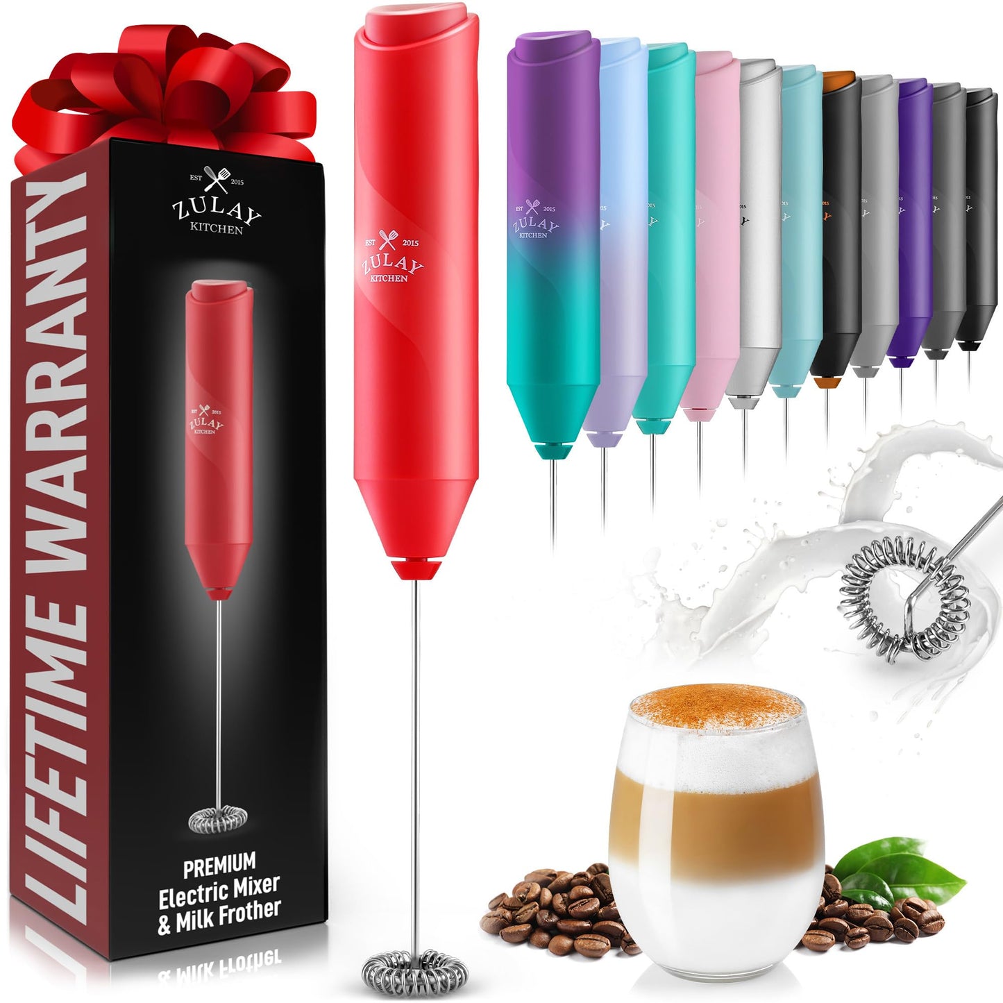 Zulay Kitchen Powerful Milk Frother Wand - Handheld Stainless Steel - Battery Operated Drink Mixer for Coffee, Lattes, Cappuccino, Matcha - Froth Mate Frother Gift - Black