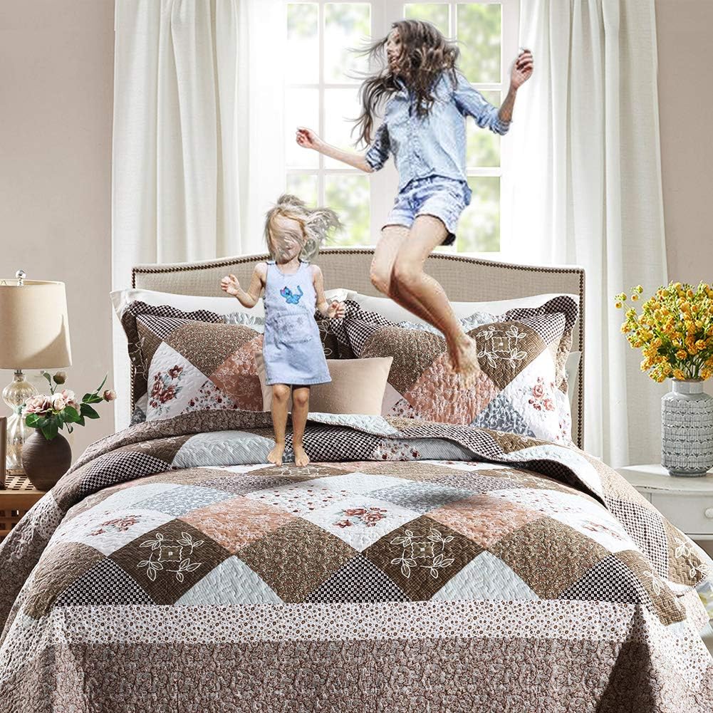 NEWLAKE Quilt Bedspread Sets-Checkered Floral Reversible Coverlet Set,Queen Size