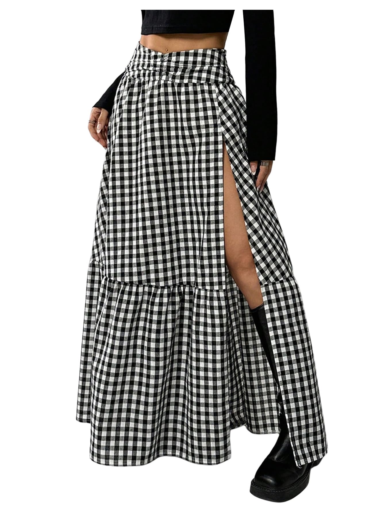 SHENHE Women's Summer Low Rise Maxi Skirt High Slit Ruffle Hem Flowy Boho Long Skirt