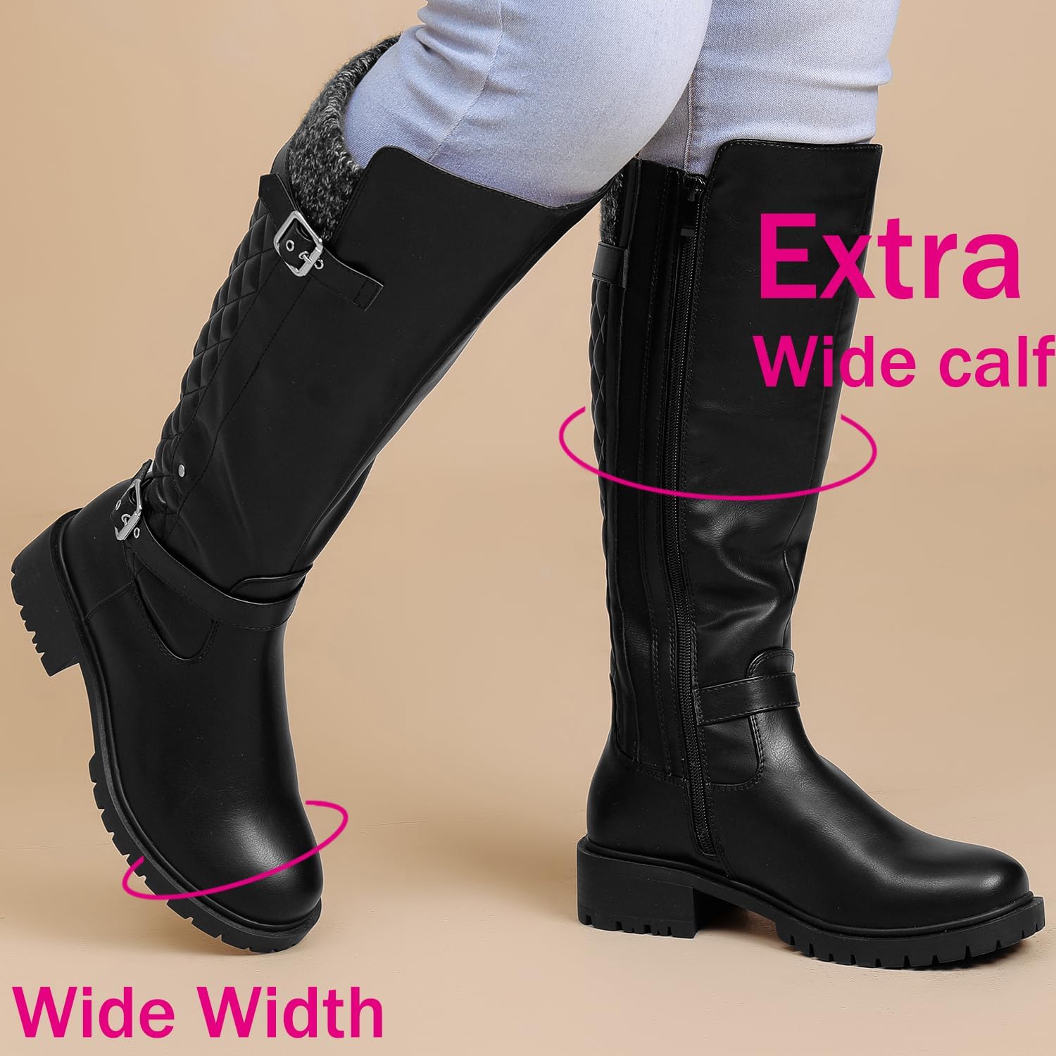 Luoika Women's Extra Wide Calf Knee High Boots, Wide Width Round-Toe Blocked Heel Winter Tall Boots.