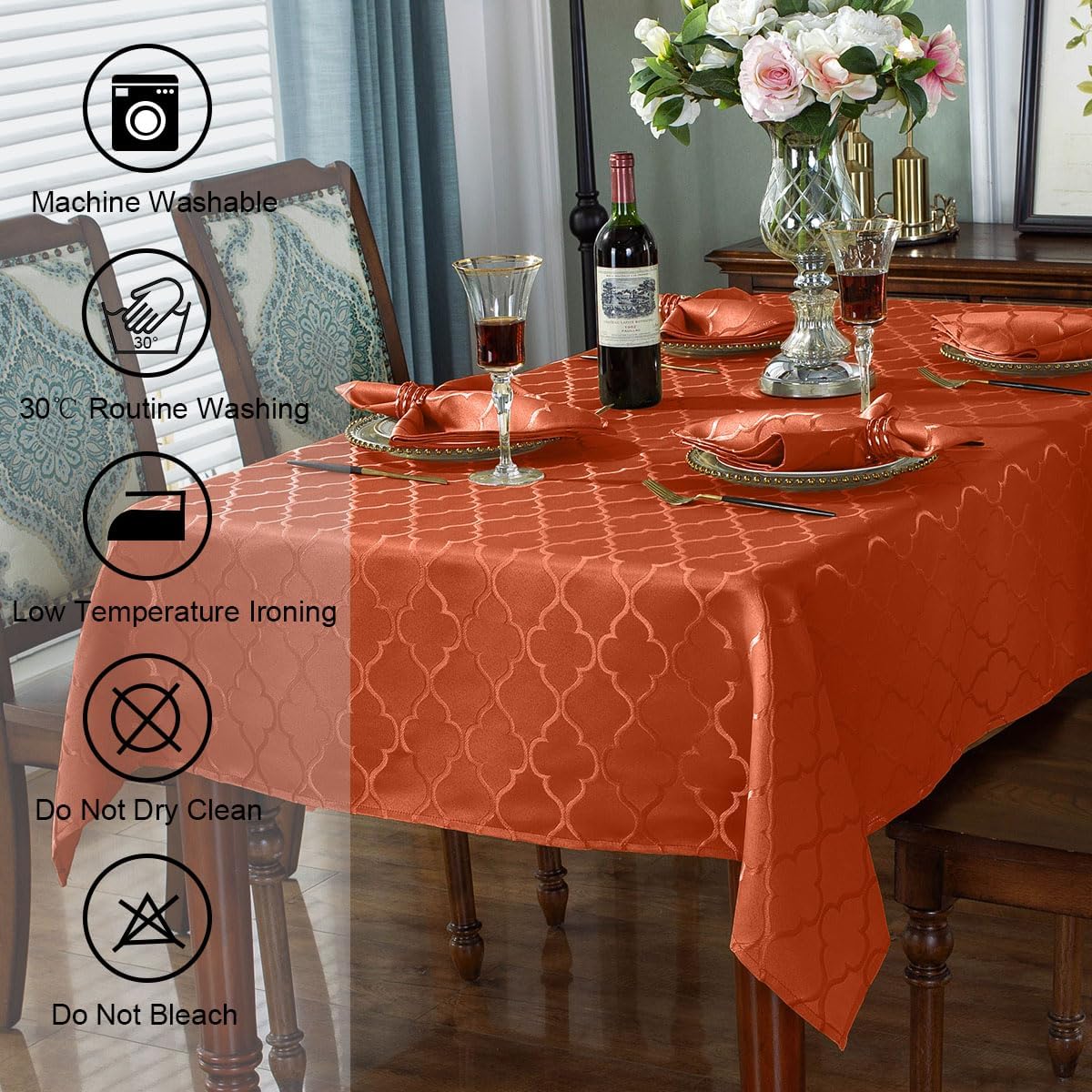 SASTYBALE Rust Jacquard Damask Tablecloth - 52x52 Inch Square (Fits 2-4 Seats) - Fall Thanksgiving Decor - Water Resistant, Wrinkle-Free Polyester Fabric, Rustic Harvest Dining Cover for Parties