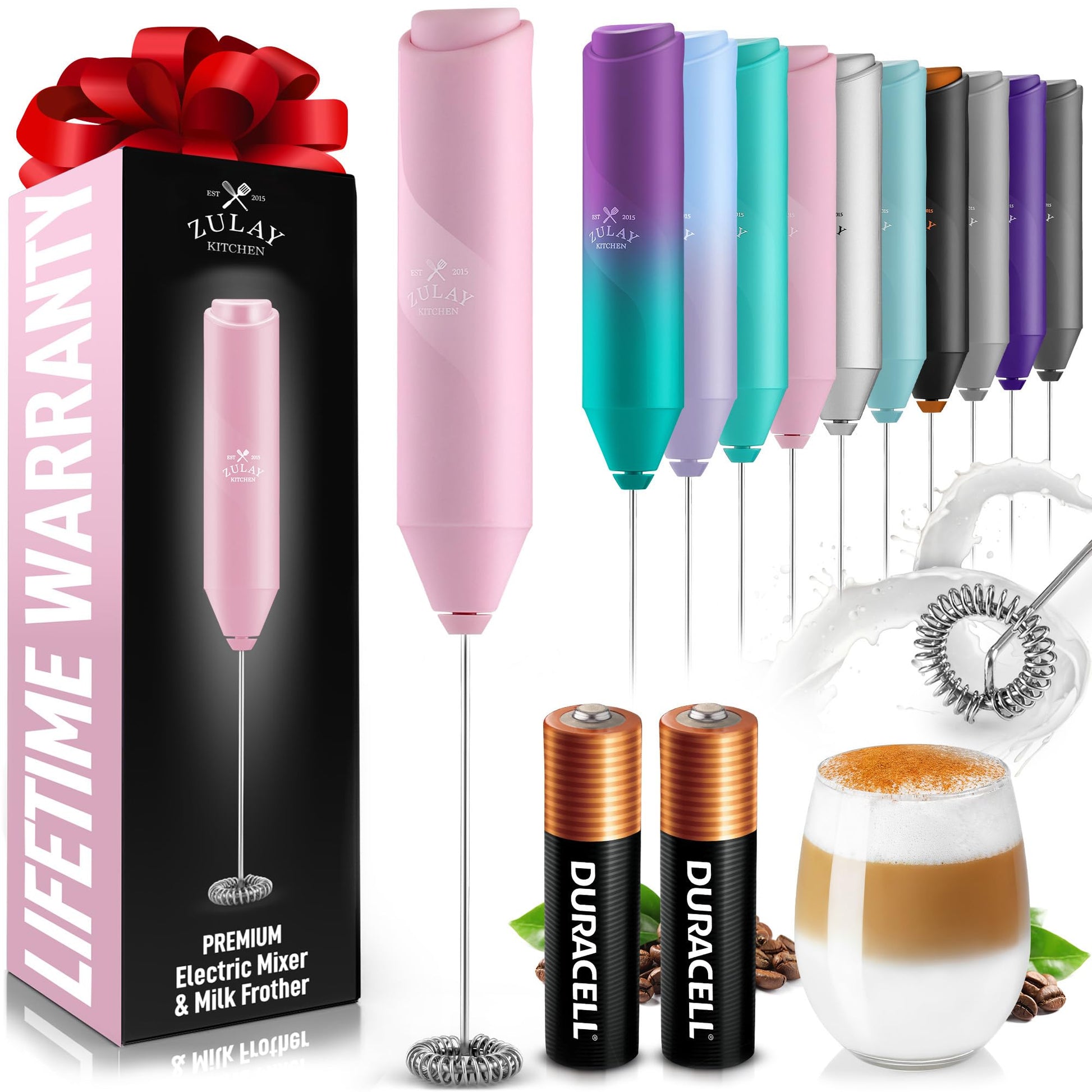 Zulay Kitchen Powerful Milk Frother Wand - Handheld Stainless Steel - Battery Operated Drink Mixer for Coffee, Lattes, Cappuccino, Matcha - Froth Mate Frother Gift - Black