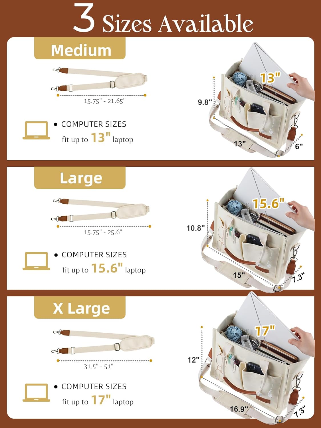FIORETTO Canvas Tote Bag for Women with Zipper Closure & Individual Compartments for Work College for Teacher & Nurse