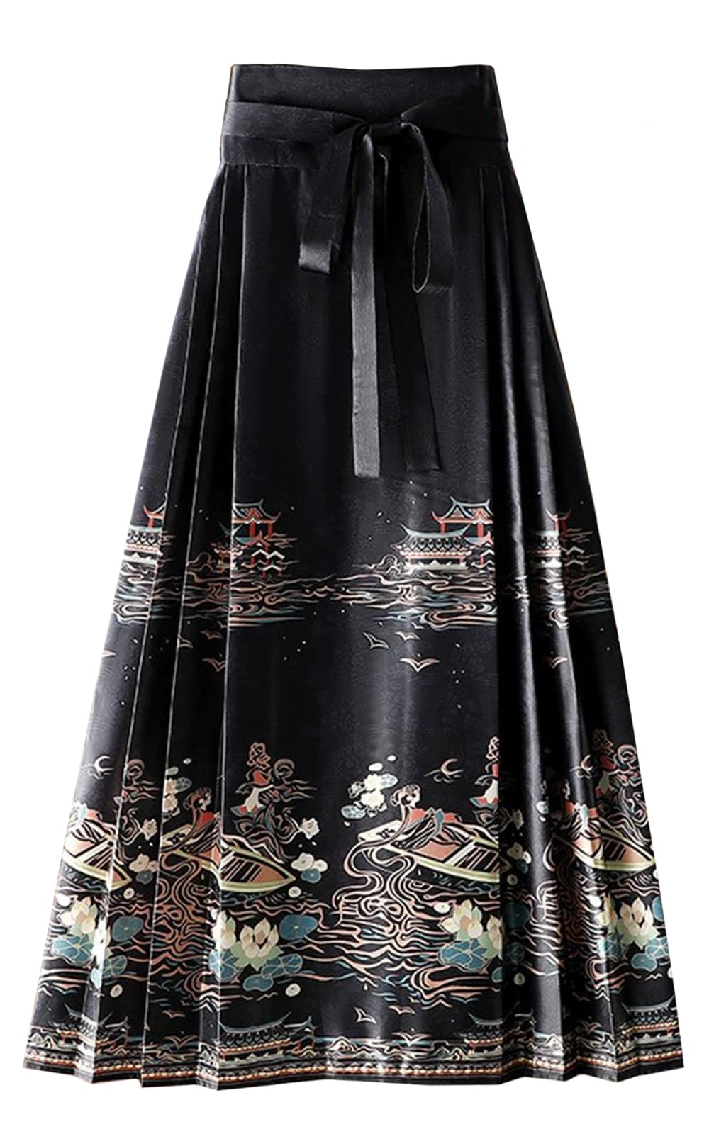 Women Horse Face Skirt Seft Tie Print Elegant Vintage Long Swing Maxi Pleated Skirts Chinese Traditional Hanfu Mamianqun