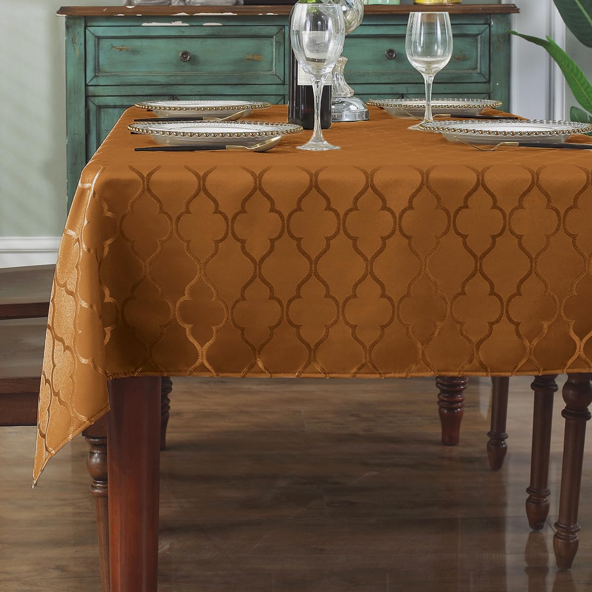 SASTYBALE Rust Jacquard Damask Tablecloth - 52x52 Inch Square (Fits 2-4 Seats) - Fall Thanksgiving Decor - Water Resistant, Wrinkle-Free Polyester Fabric, Rustic Harvest Dining Cover for Parties