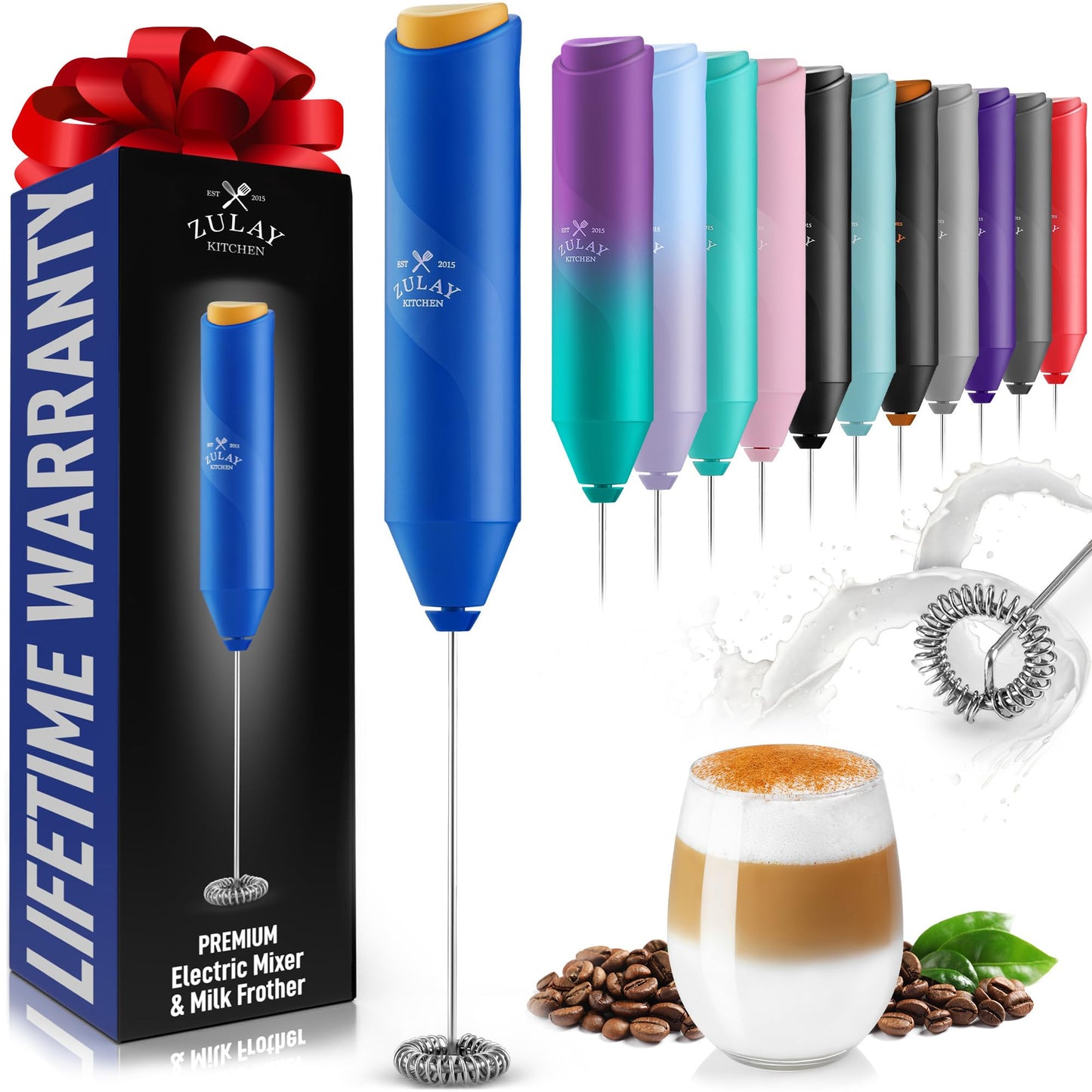 Zulay Kitchen Powerful Milk Frother Wand - Handheld Stainless Steel - Battery Operated Drink Mixer for Coffee, Lattes, Cappuccino, Matcha - Froth Mate Frother Gift - Black