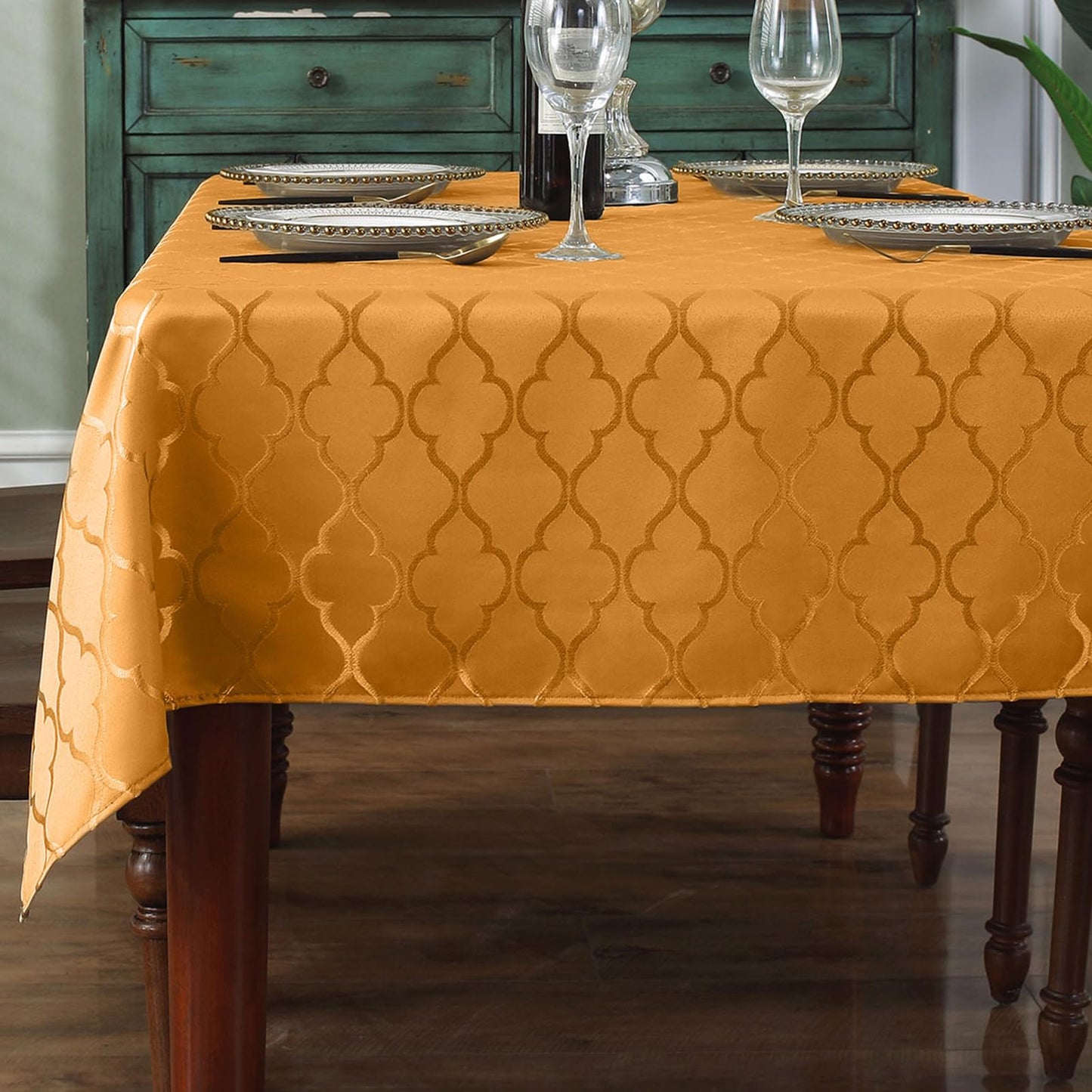SASTYBALE Rust Jacquard Damask Tablecloth - 52x52 Inch Square (Fits 2-4 Seats) - Fall Thanksgiving Decor - Water Resistant, Wrinkle-Free Polyester Fabric, Rustic Harvest Dining Cover for Parties