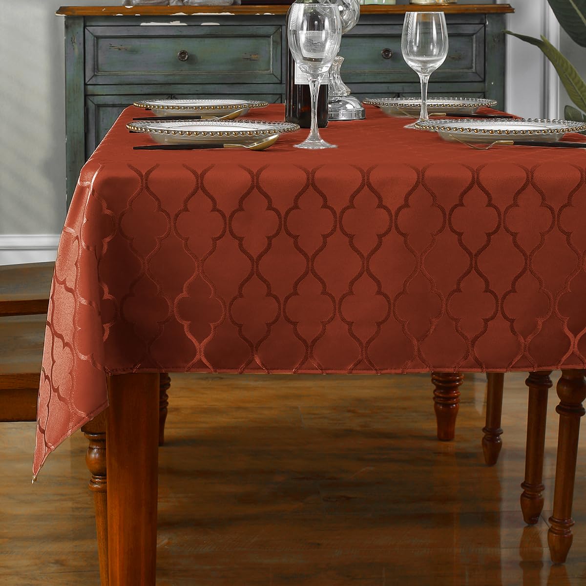 SASTYBALE Rust Jacquard Damask Tablecloth - 52x52 Inch Square (Fits 2-4 Seats) - Fall Thanksgiving Decor - Water Resistant, Wrinkle-Free Polyester Fabric, Rustic Harvest Dining Cover for Parties
