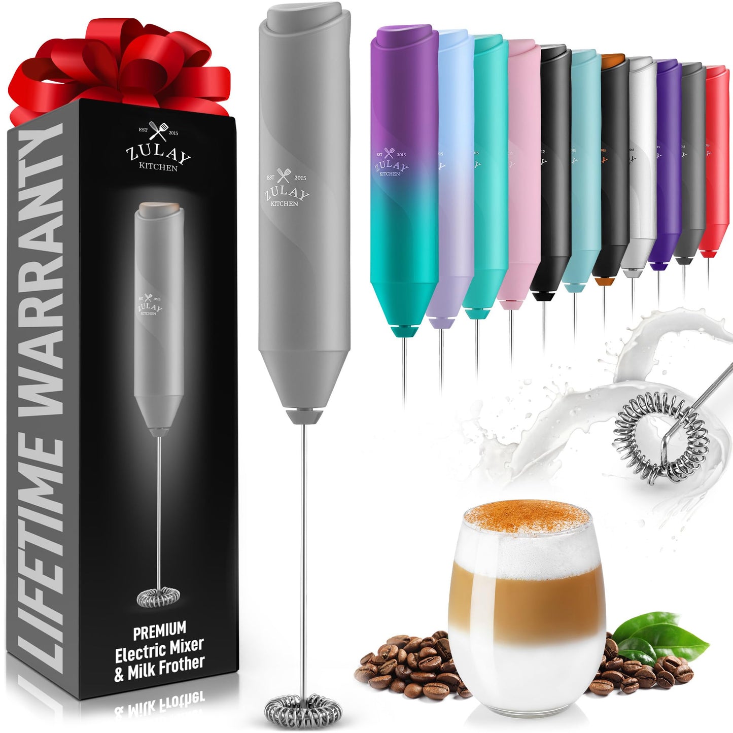 Zulay Kitchen Powerful Milk Frother Wand - Handheld Stainless Steel - Battery Operated Drink Mixer for Coffee, Lattes, Cappuccino, Matcha - Froth Mate Frother Gift - Black