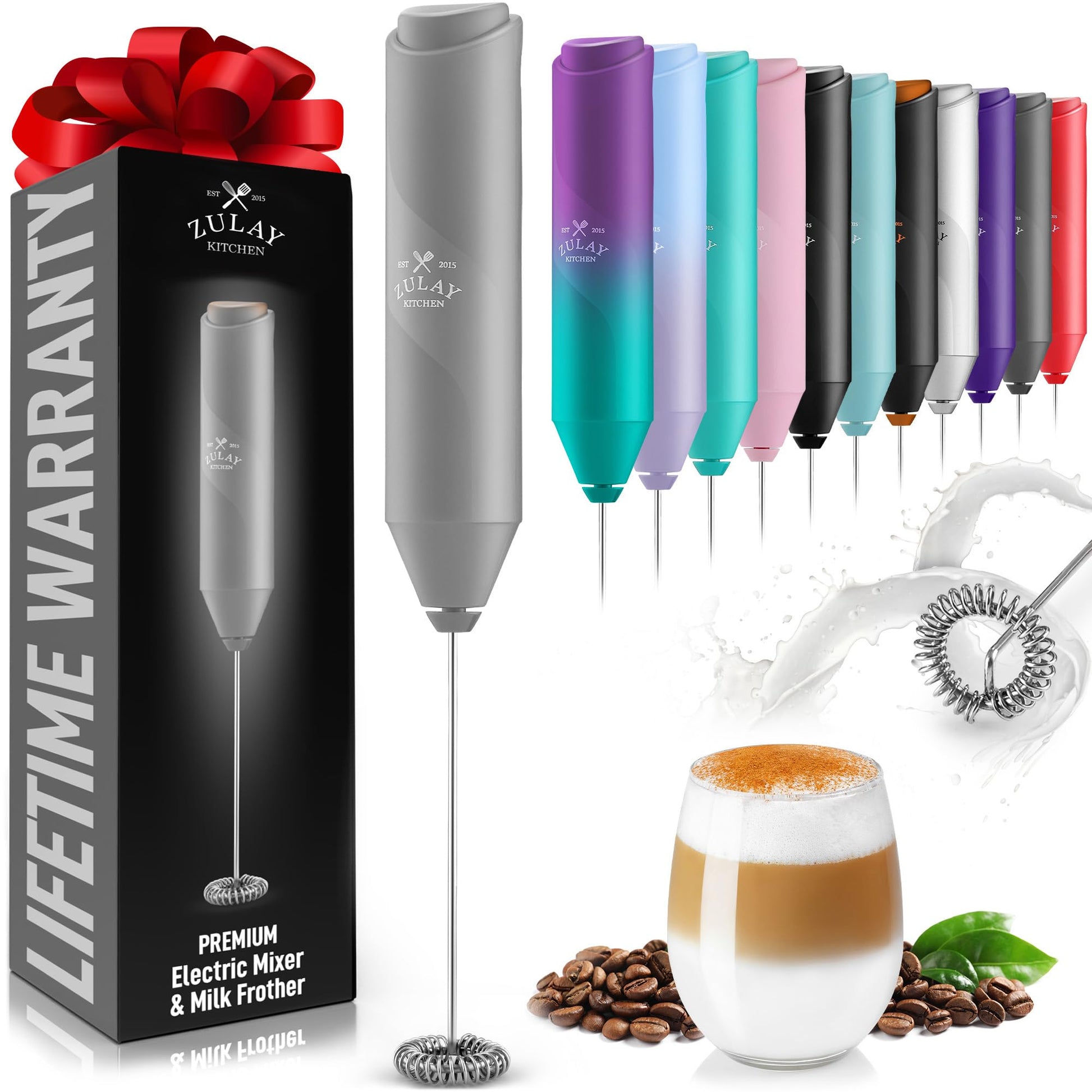 Zulay Kitchen Powerful Milk Frother Wand - Handheld Stainless Steel - Battery Operated Drink Mixer for Coffee, Lattes, Cappuccino, Matcha - Froth Mate Frother Gift - Black