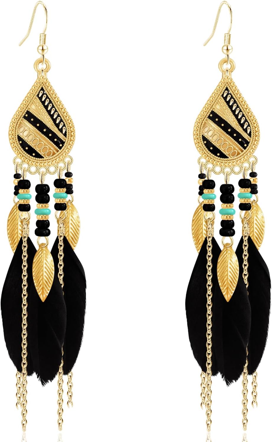 Bohemian National Style 14K Gold Teardrop Feather Fringe Lightweight Dangle Drop Earrings Retro Tassel Beaded Hook Earrings For Women Jewelry Gifts