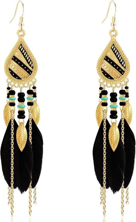 Bohemian National Style 14K Gold Teardrop Feather Fringe Lightweight Dangle Drop Earrings Retro Tassel Beaded Hook Earrings For Women Jewelry Gifts
