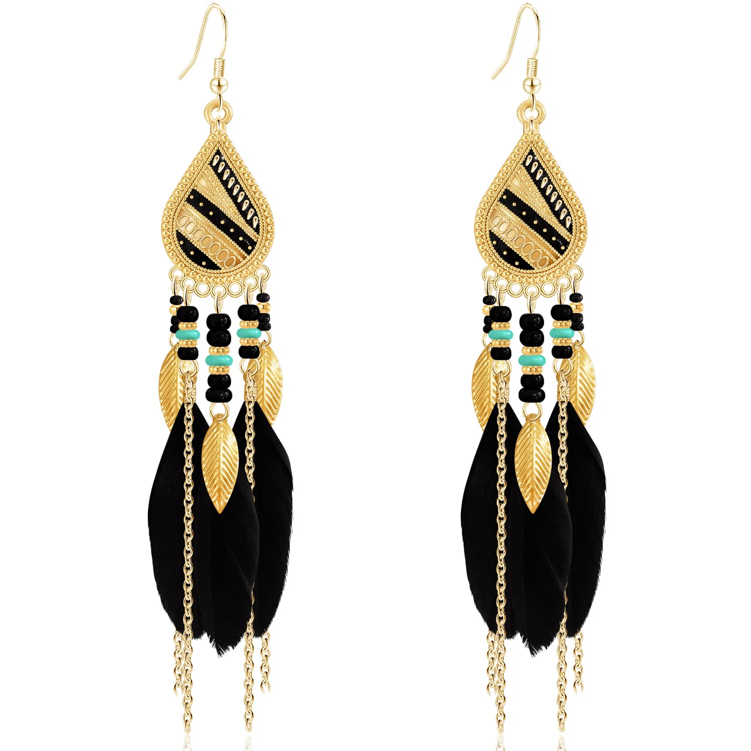 Bohemian National Style 14K Gold Teardrop Feather Fringe Lightweight Dangle Drop Earrings Retro Tassel Beaded Hook Earrings For Women Jewelry Gifts