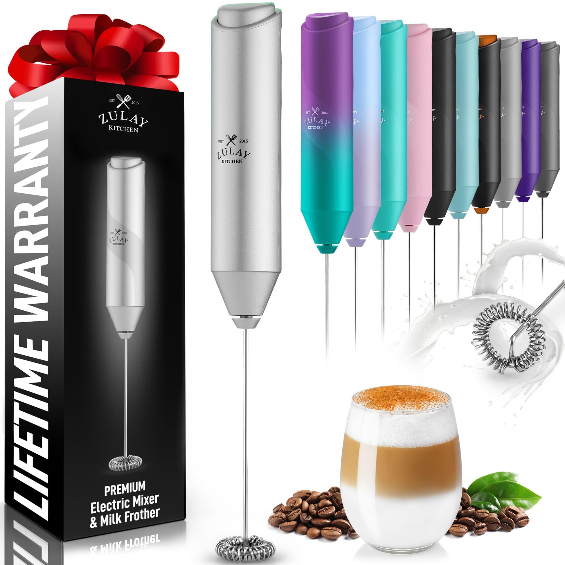 Zulay Kitchen Powerful Milk Frother Wand - Handheld Stainless Steel - Battery Operated Drink Mixer for Coffee, Lattes, Cappuccino, Matcha - Froth Mate Frother Gift - Black