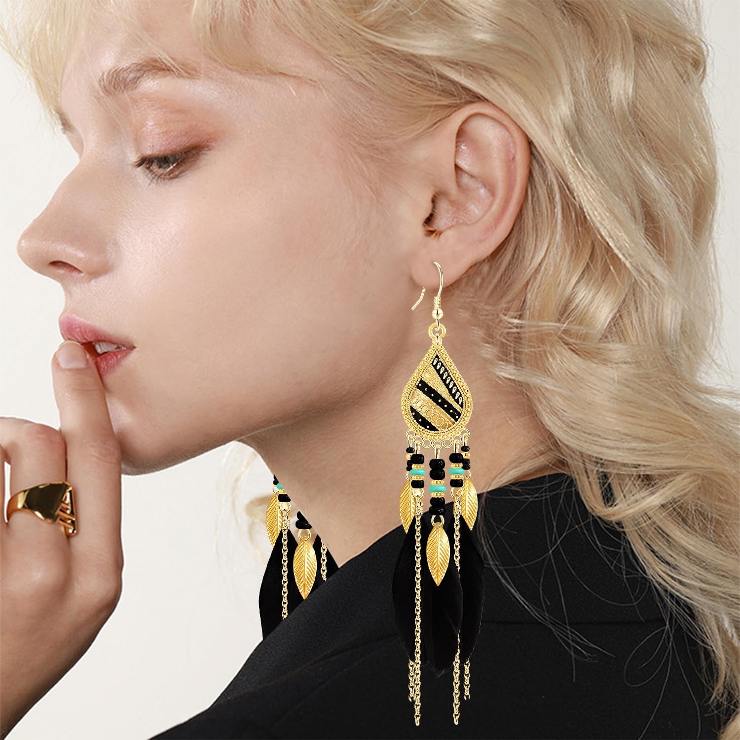 Bohemian National Style 14K Gold Teardrop Feather Fringe Lightweight Dangle Drop Earrings Retro Tassel Beaded Hook Earrings For Women Jewelry Gifts