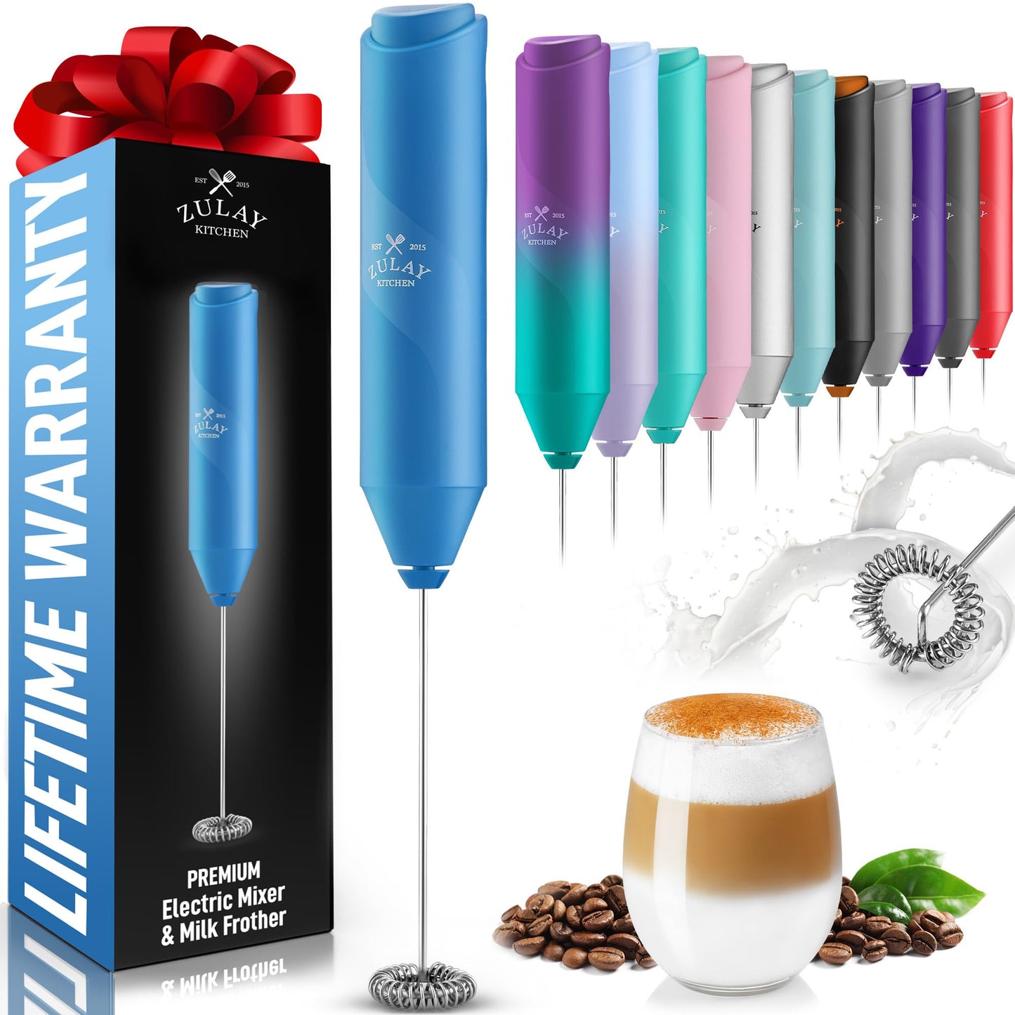 Zulay Kitchen Powerful Milk Frother Wand - Handheld Stainless Steel - Battery Operated Drink Mixer for Coffee, Lattes, Cappuccino, Matcha - Froth Mate Frother Gift - Black