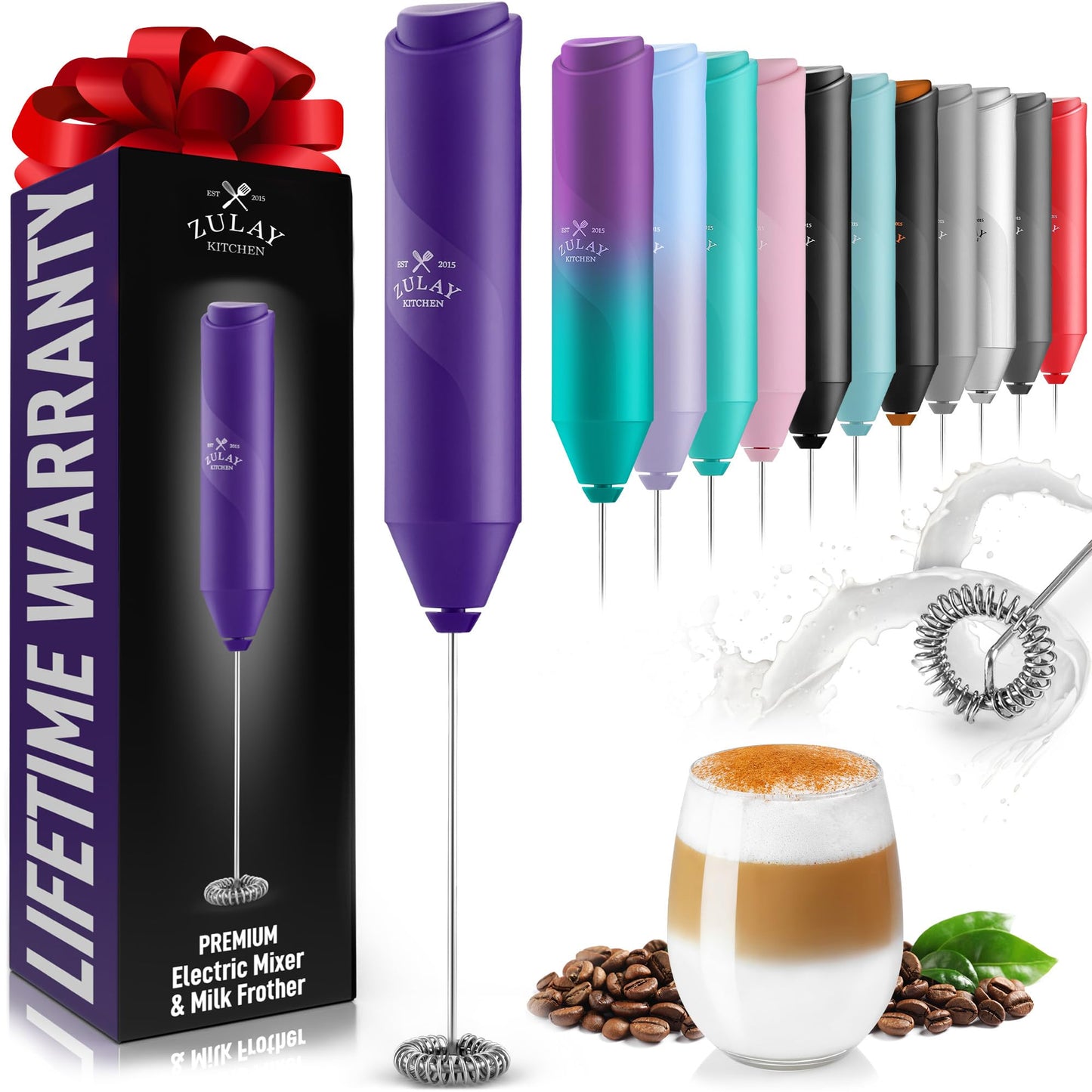 Zulay Kitchen Powerful Milk Frother Wand - Handheld Stainless Steel - Battery Operated Drink Mixer for Coffee, Lattes, Cappuccino, Matcha - Froth Mate Frother Gift - Black