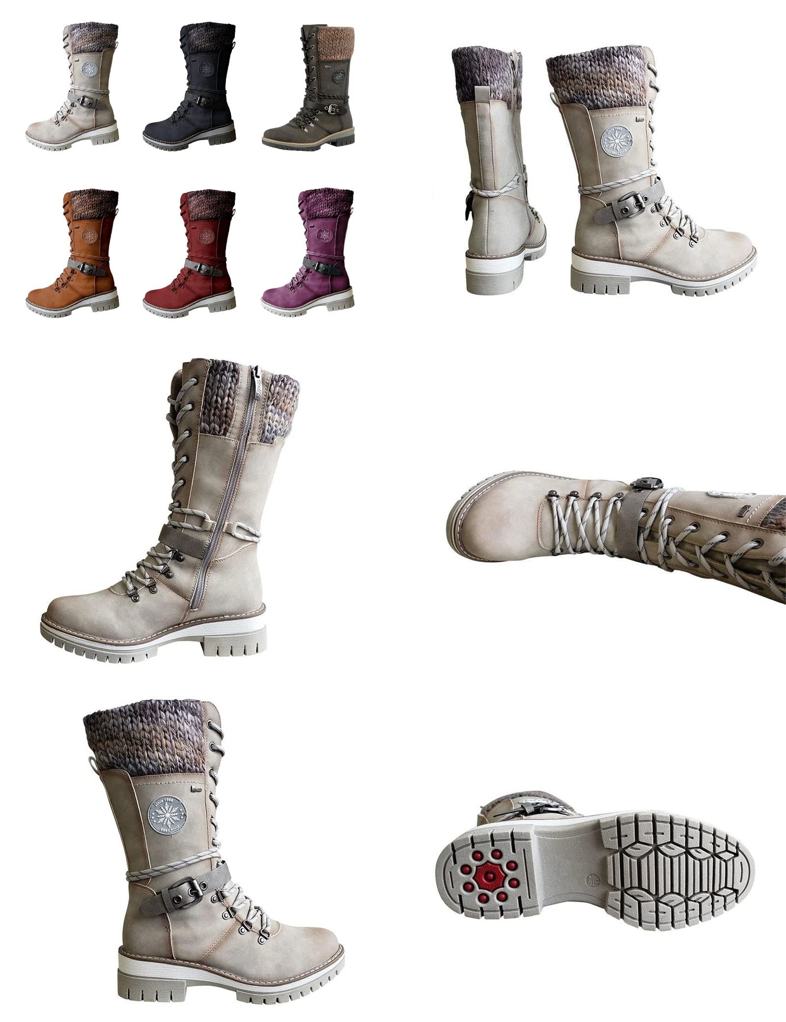 AngryMonkey Women's Winter Warm Mid-Calf Snow Boots,Knitted Suede Splicing Lace-up Non-Slip Waterproof Outdoor Casual Booties