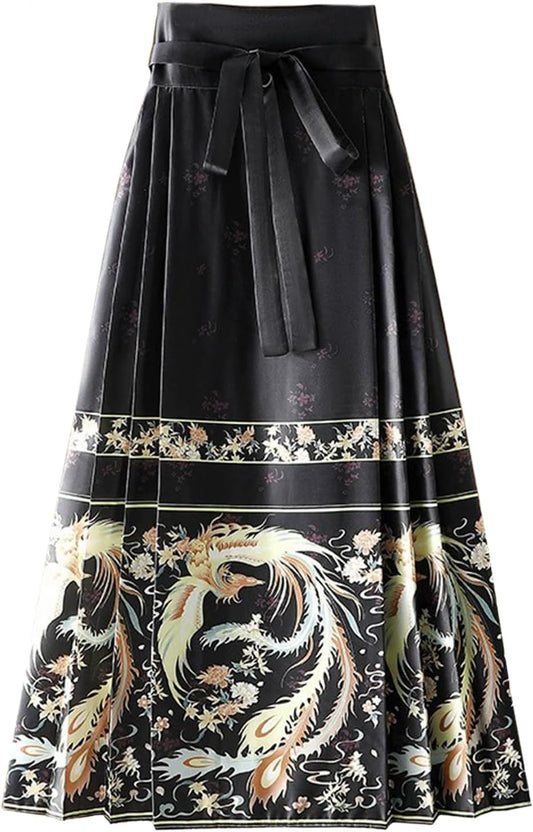 Women Horse Face Skirt Seft Tie Print Elegant Vintage Long Swing Maxi Pleated Skirts Chinese Traditional Hanfu Mamianqun