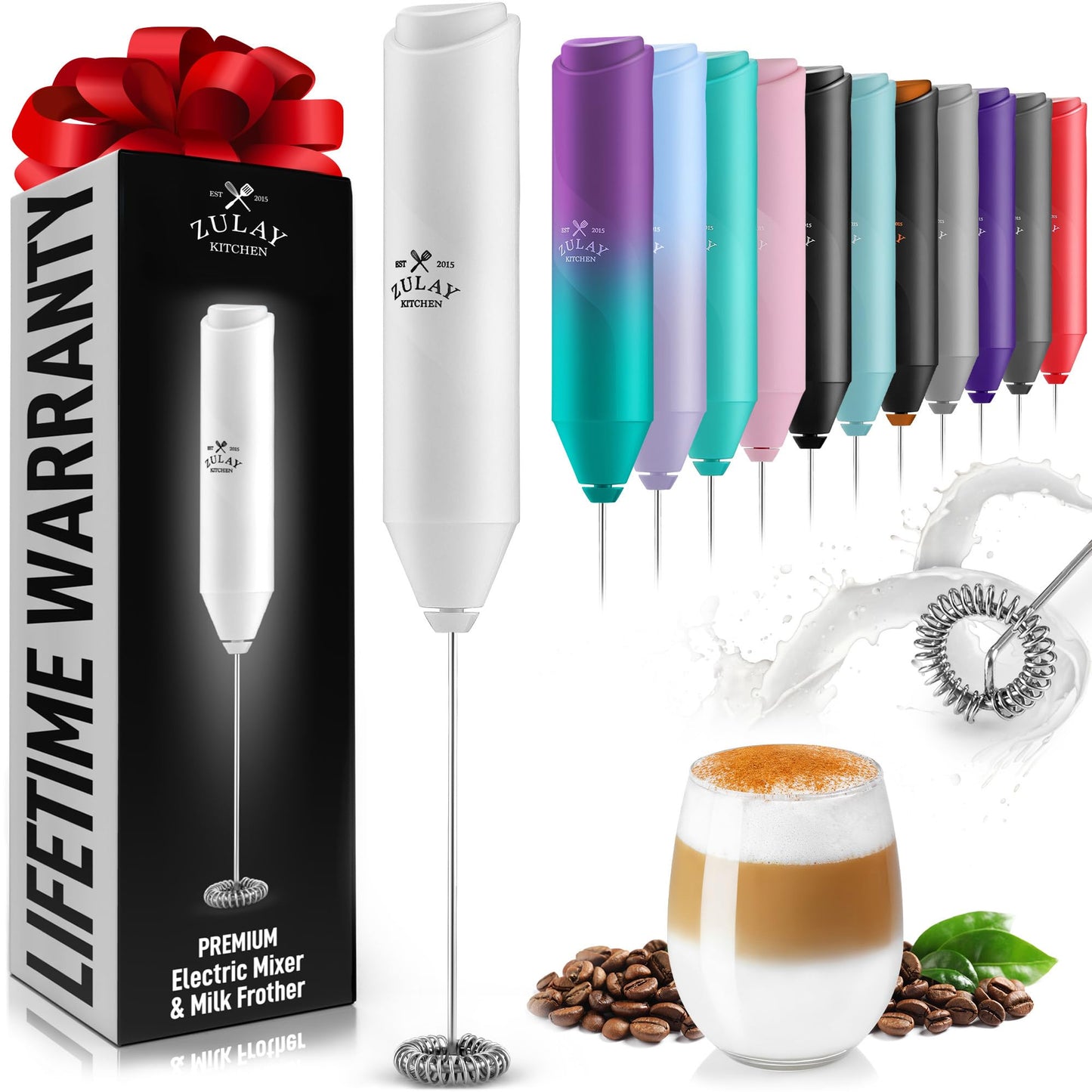 Zulay Kitchen Powerful Milk Frother Wand - Handheld Stainless Steel - Battery Operated Drink Mixer for Coffee, Lattes, Cappuccino, Matcha - Froth Mate Frother Gift - Black