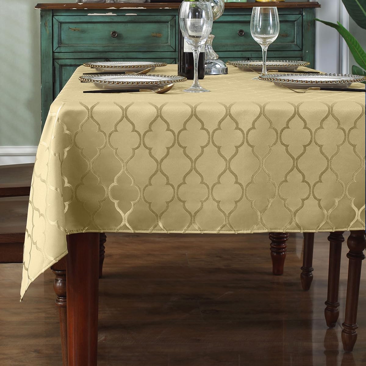 SASTYBALE Rust Jacquard Damask Tablecloth - 52x52 Inch Square (Fits 2-4 Seats) - Fall Thanksgiving Decor - Water Resistant, Wrinkle-Free Polyester Fabric, Rustic Harvest Dining Cover for Parties