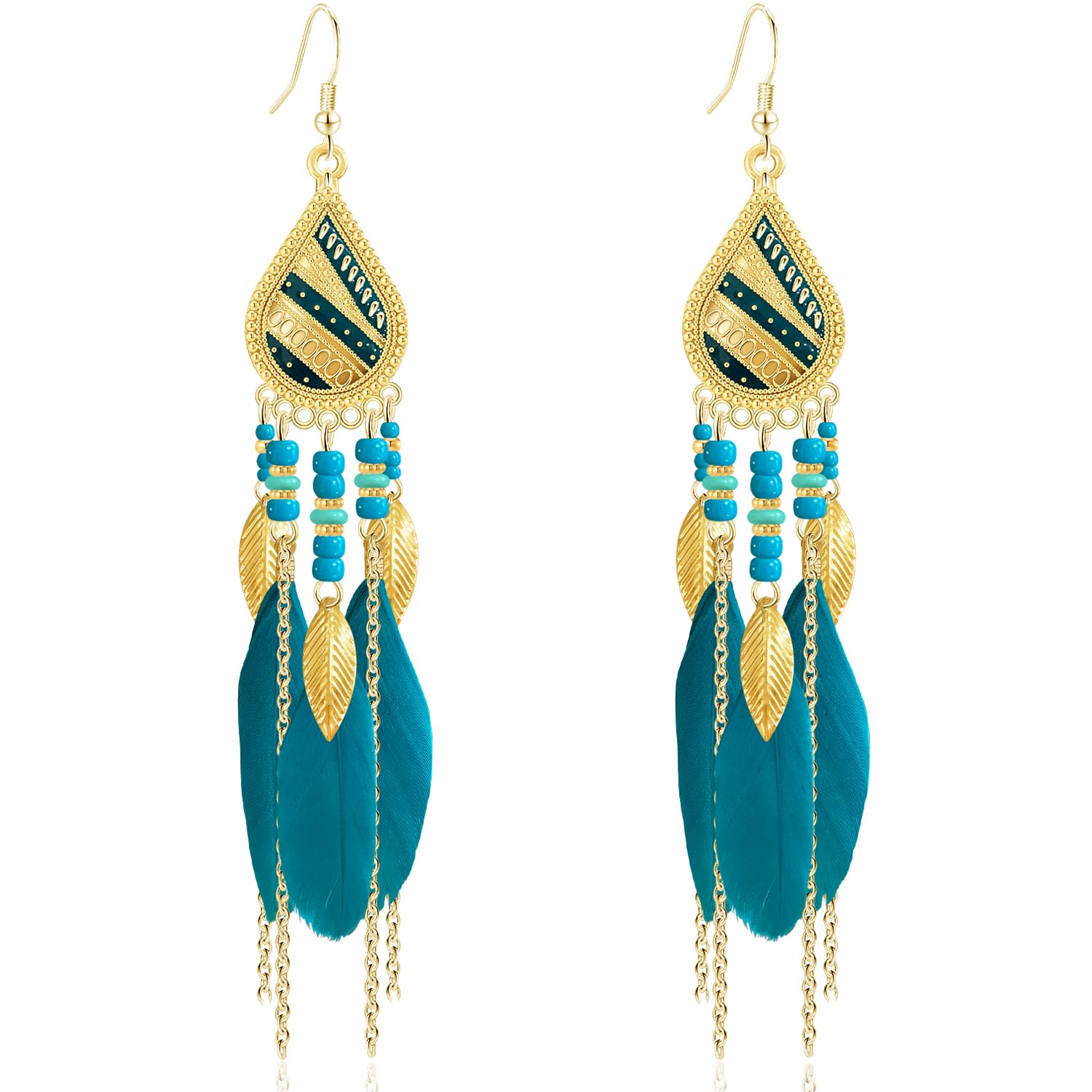 Bohemian National Style 14K Gold Teardrop Feather Fringe Lightweight Dangle Drop Earrings Retro Tassel Beaded Hook Earrings For Women Jewelry Gifts