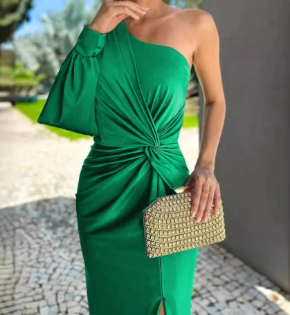 Women's Diagonal Shoulder Knot Split Solid Color Slim Fit Dress
