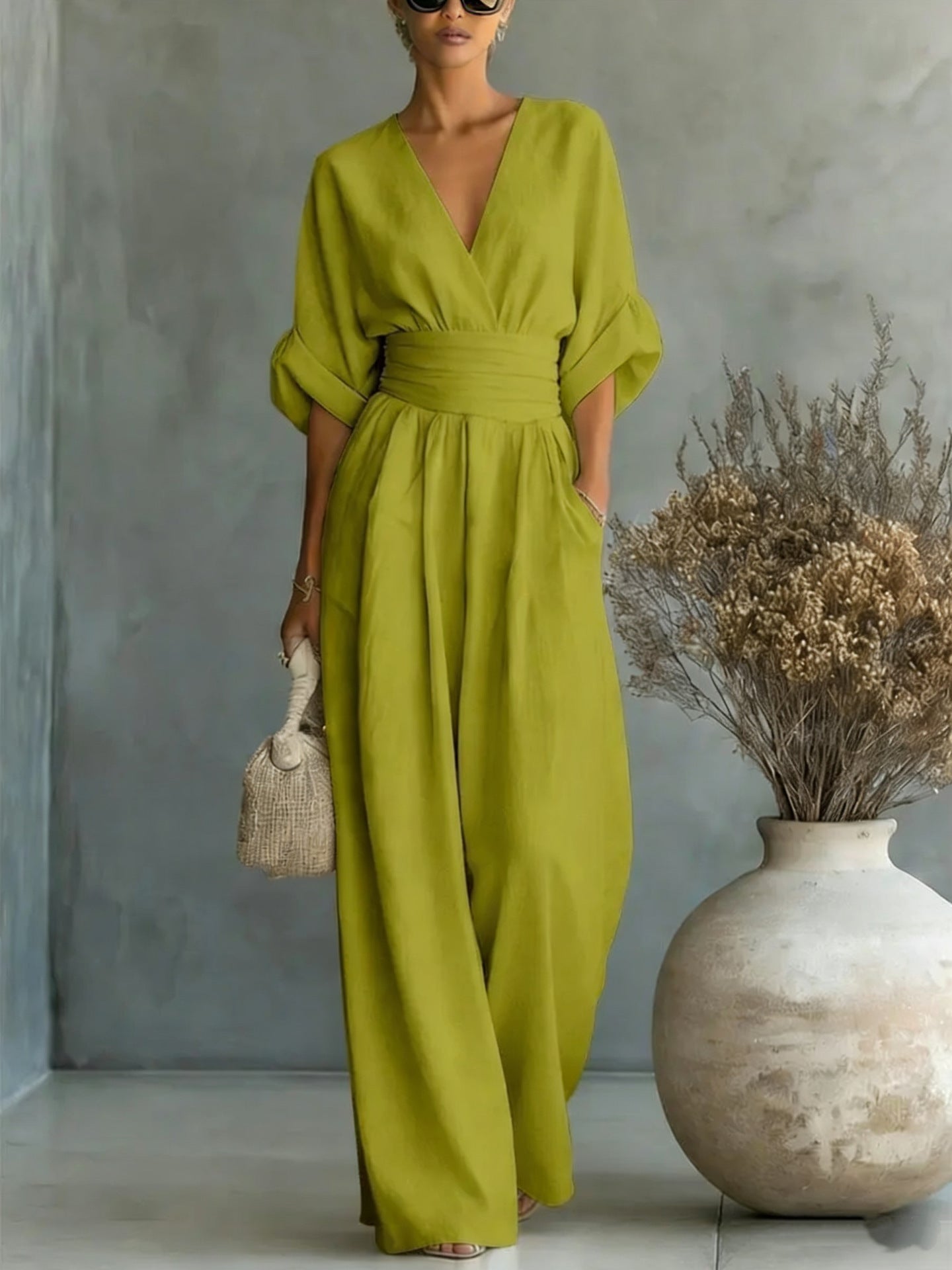 Summer Short-Sleeved Jumpsuit – Fashion Casual V-Neck Wide-Leg Pants for Women