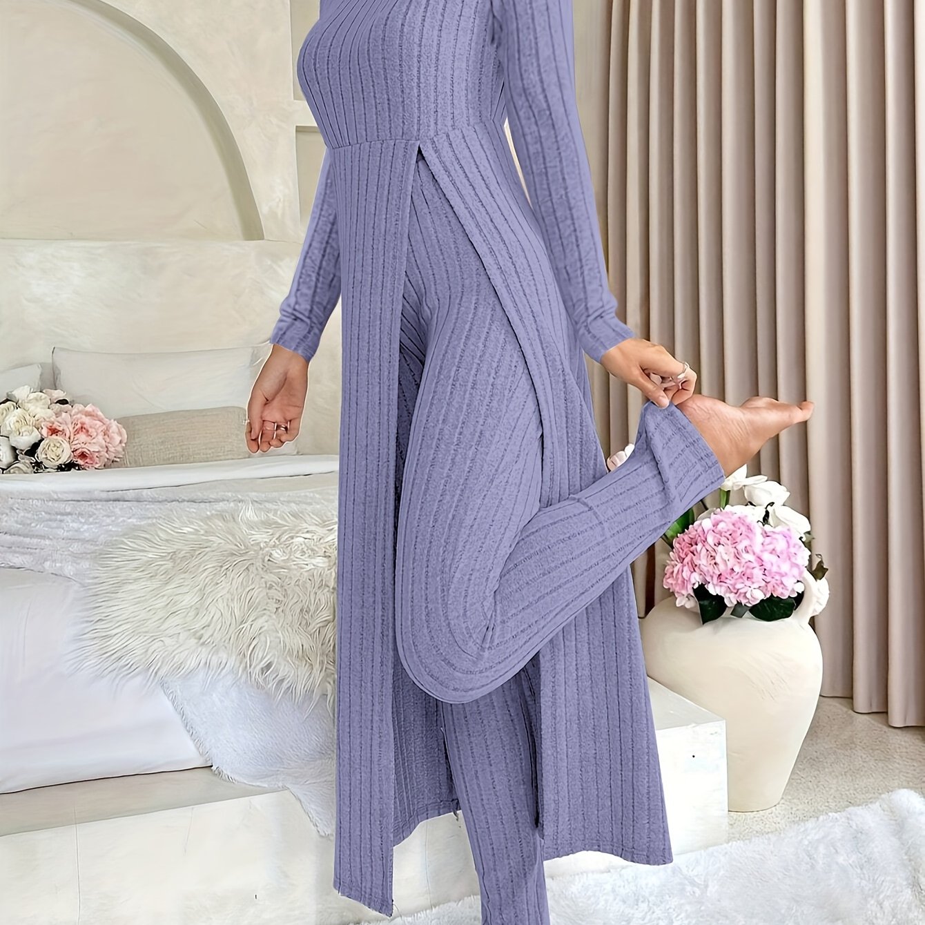 Two-piece Set of Long-sleeved Ribbed Top and Pants for Women