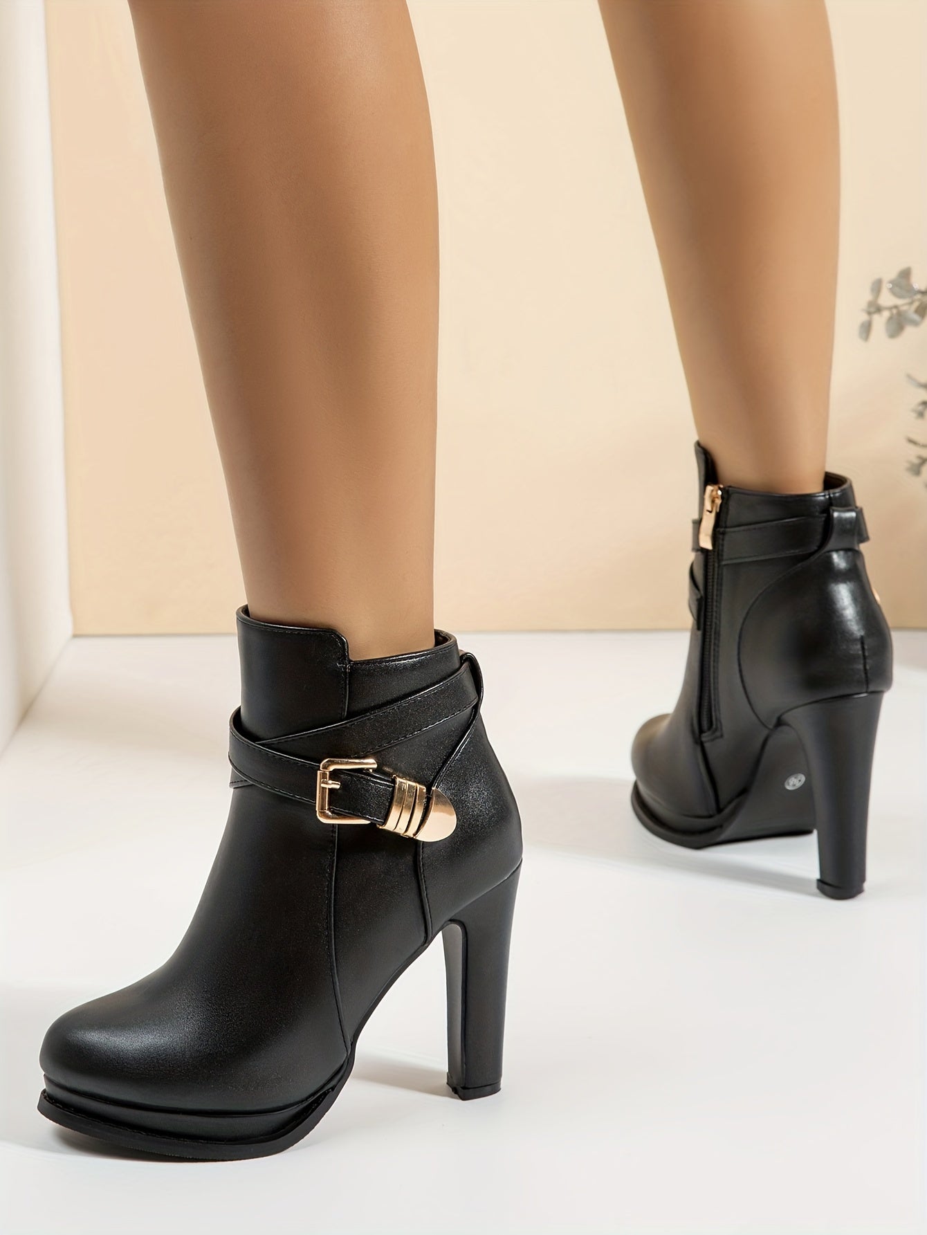 Women's Black High-Heeled Ankle Boots with Golden Buckle Strap