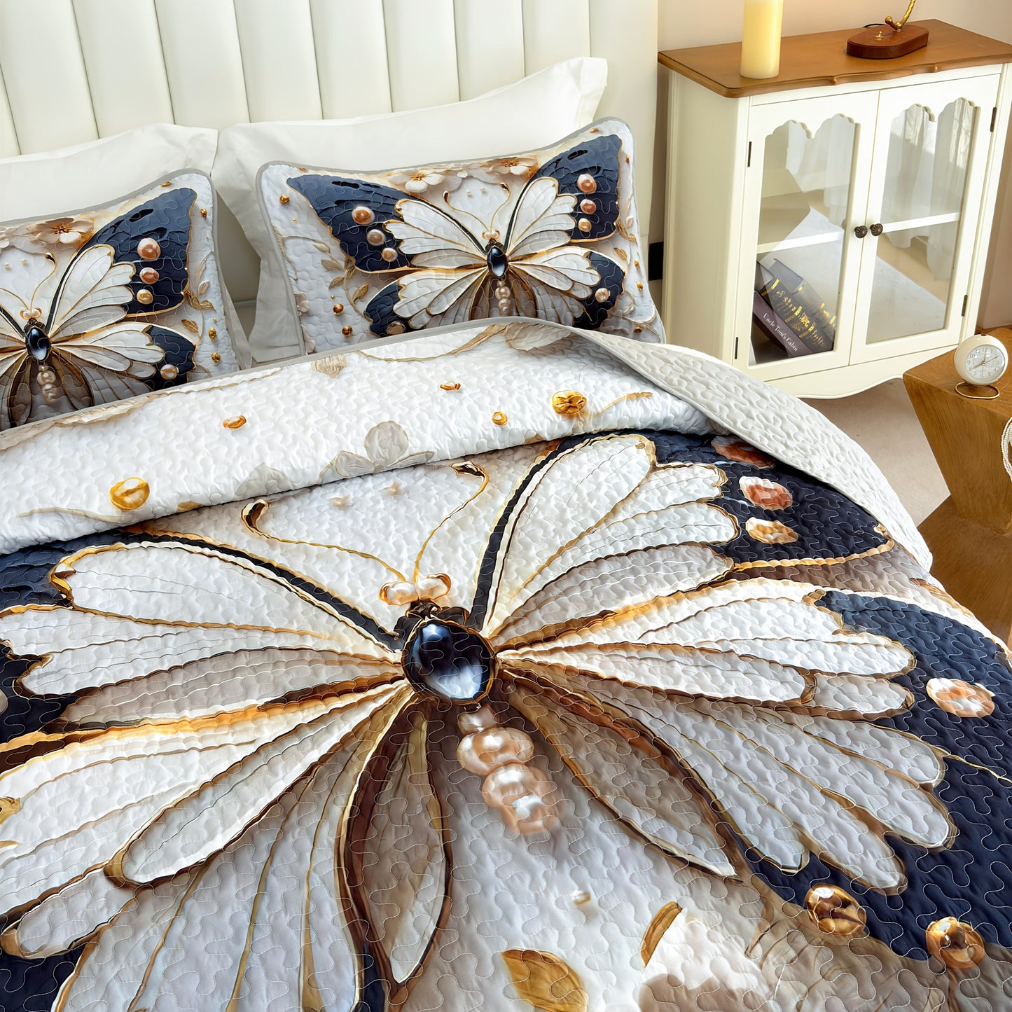 Soft, Breathable Quilted Bedding Set (2 or 3 Pieces) – Black & White Butterfly and Floral Design