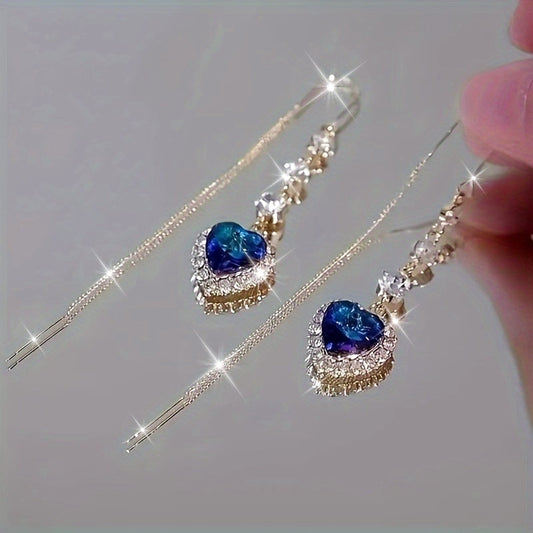 Sophisticated Alloy Blue Heart Tassel Earrings