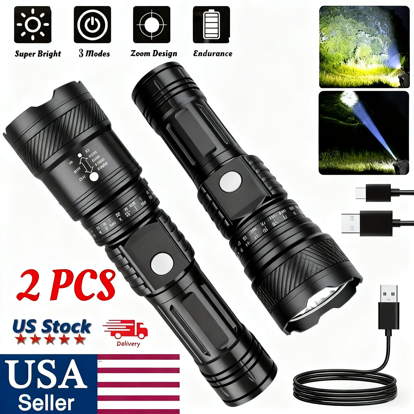 2/4pcs Solar Flashlight – Portable LED Flashlight with USB & Solar Charging