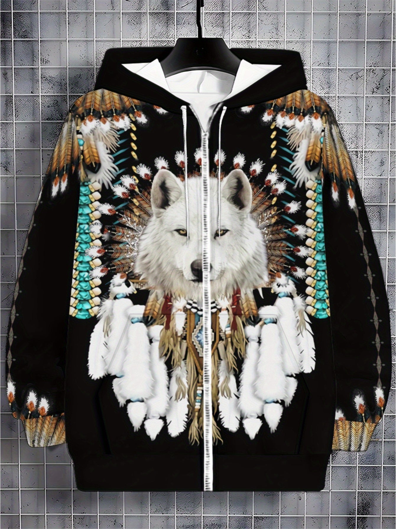 Men’s Full-Zip Hoodie – Wolf & Tribal Print