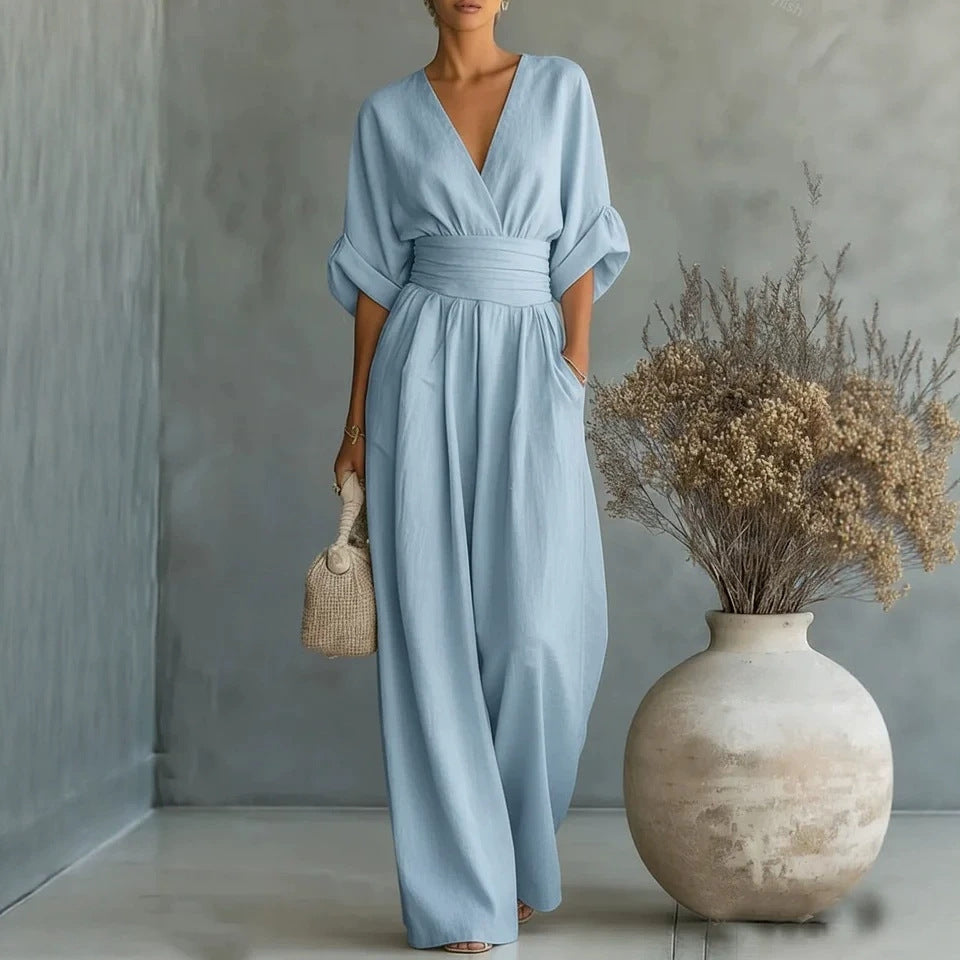 Summer Short-Sleeved Jumpsuit – Fashion Casual V-Neck Wide-Leg Pants for Women
