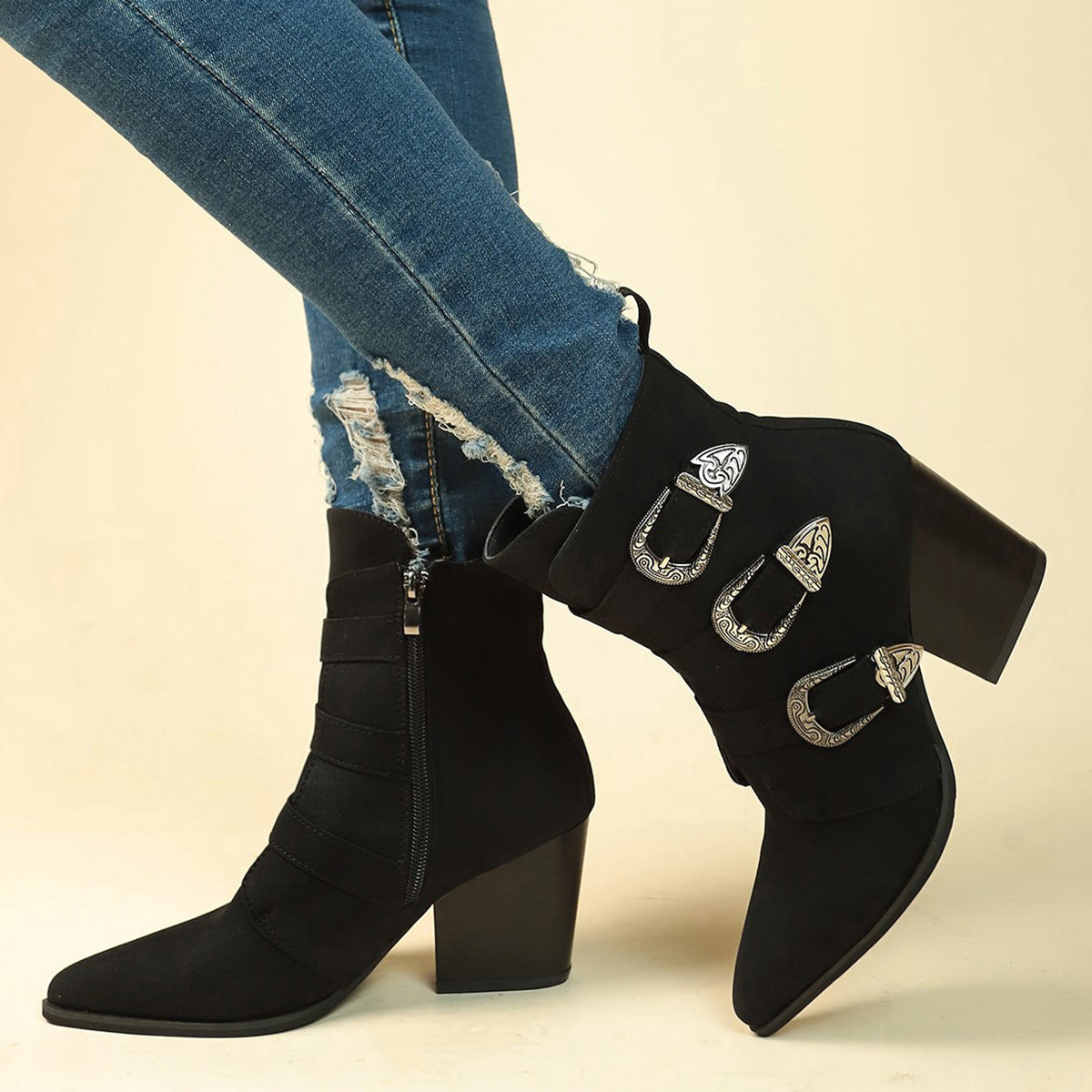 Chunky Heel Pointed Toe Boots with Belt Buckle