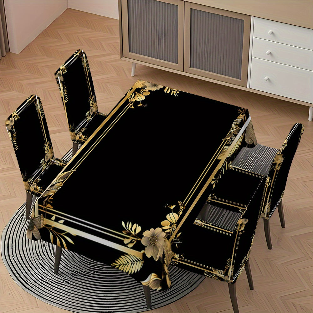 Black & Gold Design Tablecloth with Chair Covers – Set of 5 or 7 Pieces