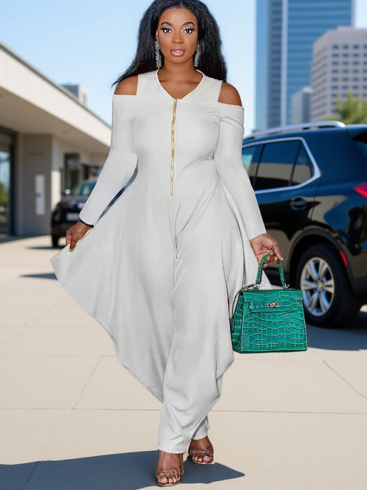 Fashionable Solid Color Off-Shoulder Zip-Up Jumpsuit