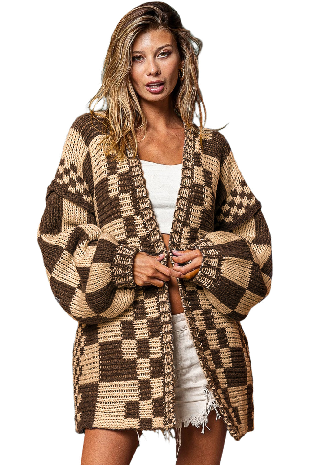 Dark Brown Color Block Checked Cardigan.