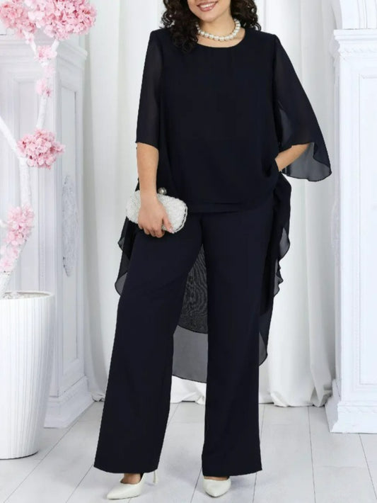 Plus Size Women’s 2025 Loose Casual Solid Color Chiffon Top & Two-Piece Set